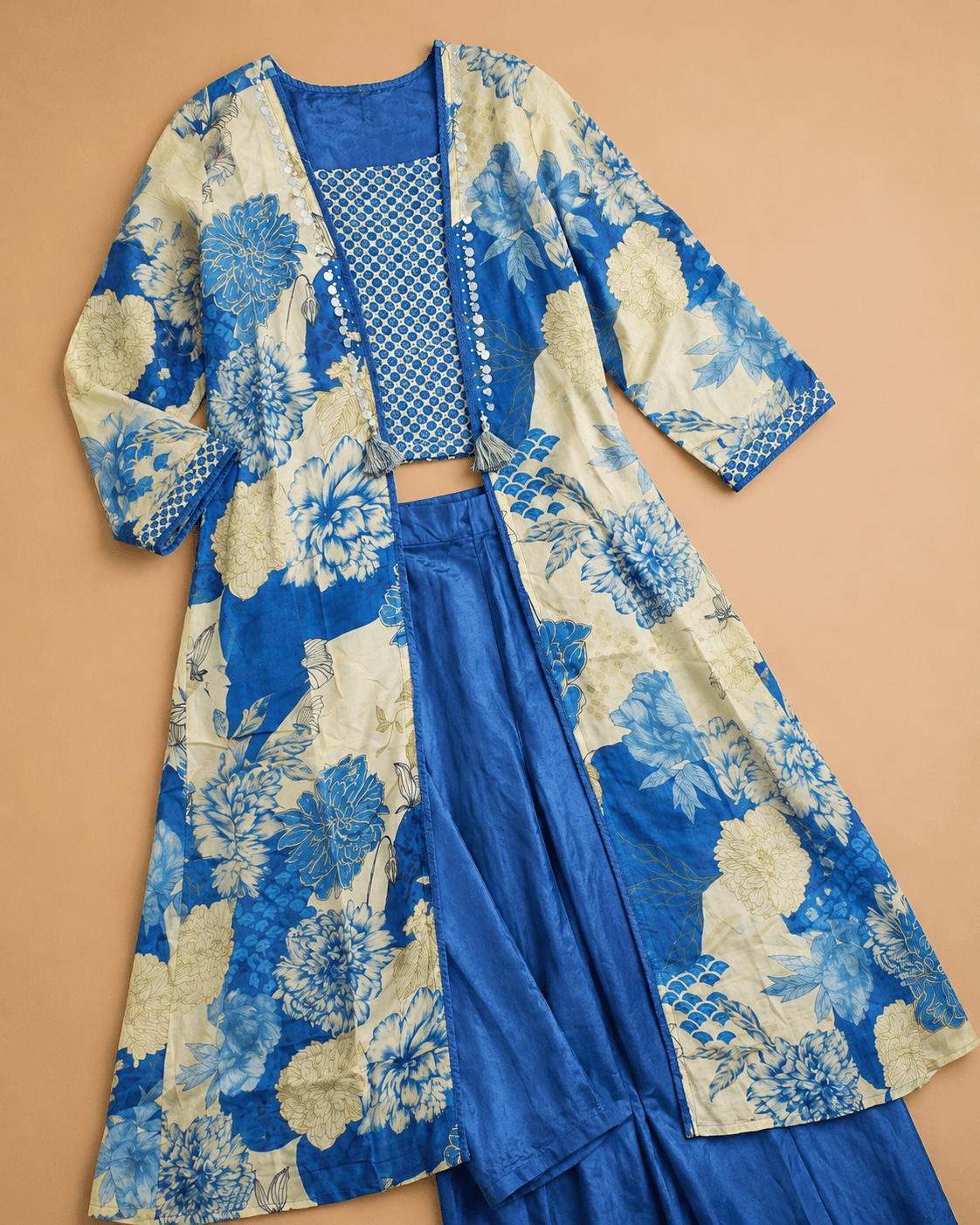 Royal Blue Floral Brocade Long Jacket Draped Skirt Set