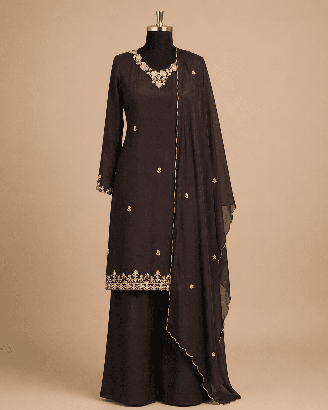 Black Deep brown Embroidered Kurta Palazzo Set