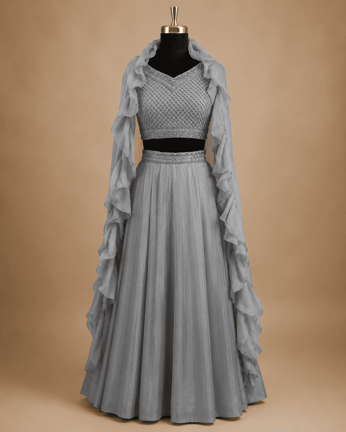 Dove Grey Sequinned Lehenga Set with Ruffled Dupatta