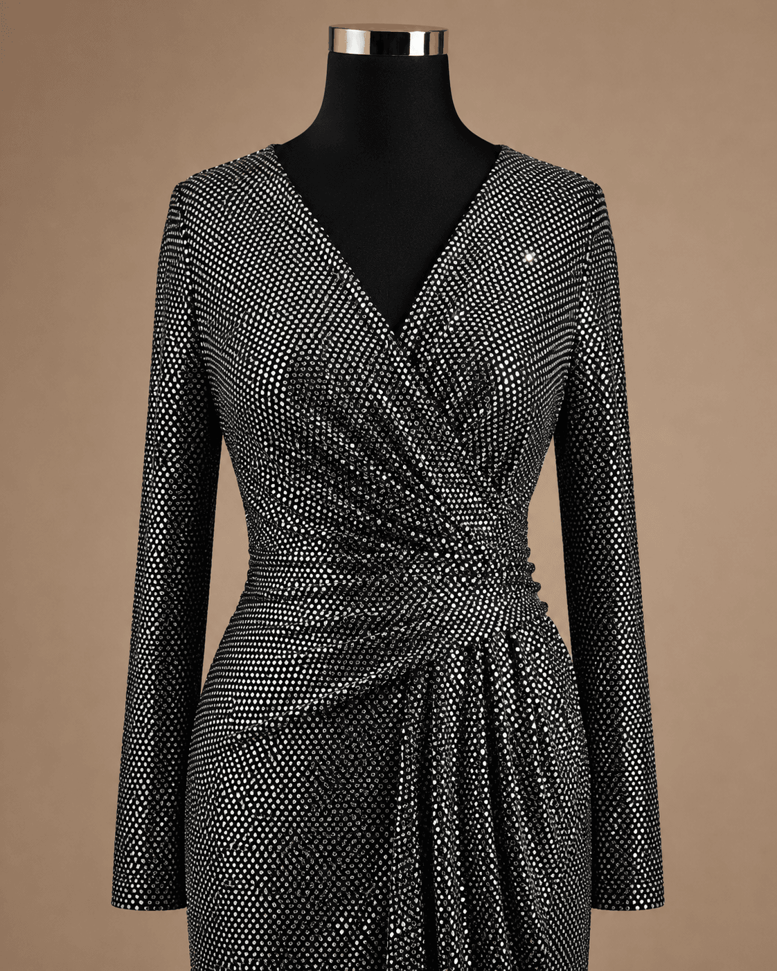 Silver Metallic Long Sleeve Wrap Dress