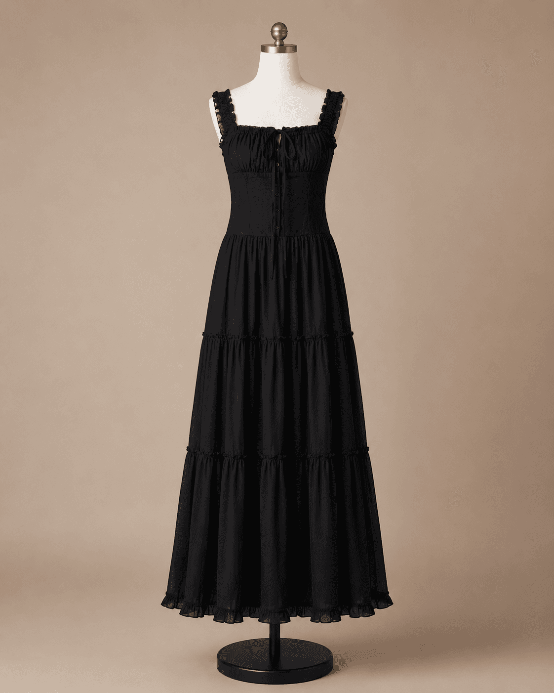 Black Smocked Strappy Midi Dress