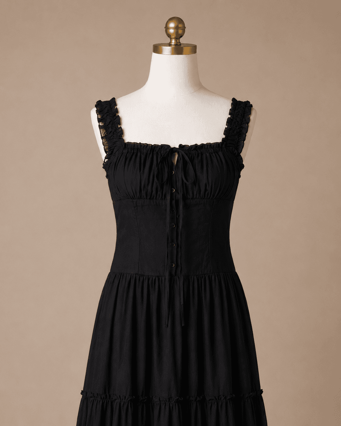 Black Smocked Strappy Midi Dress