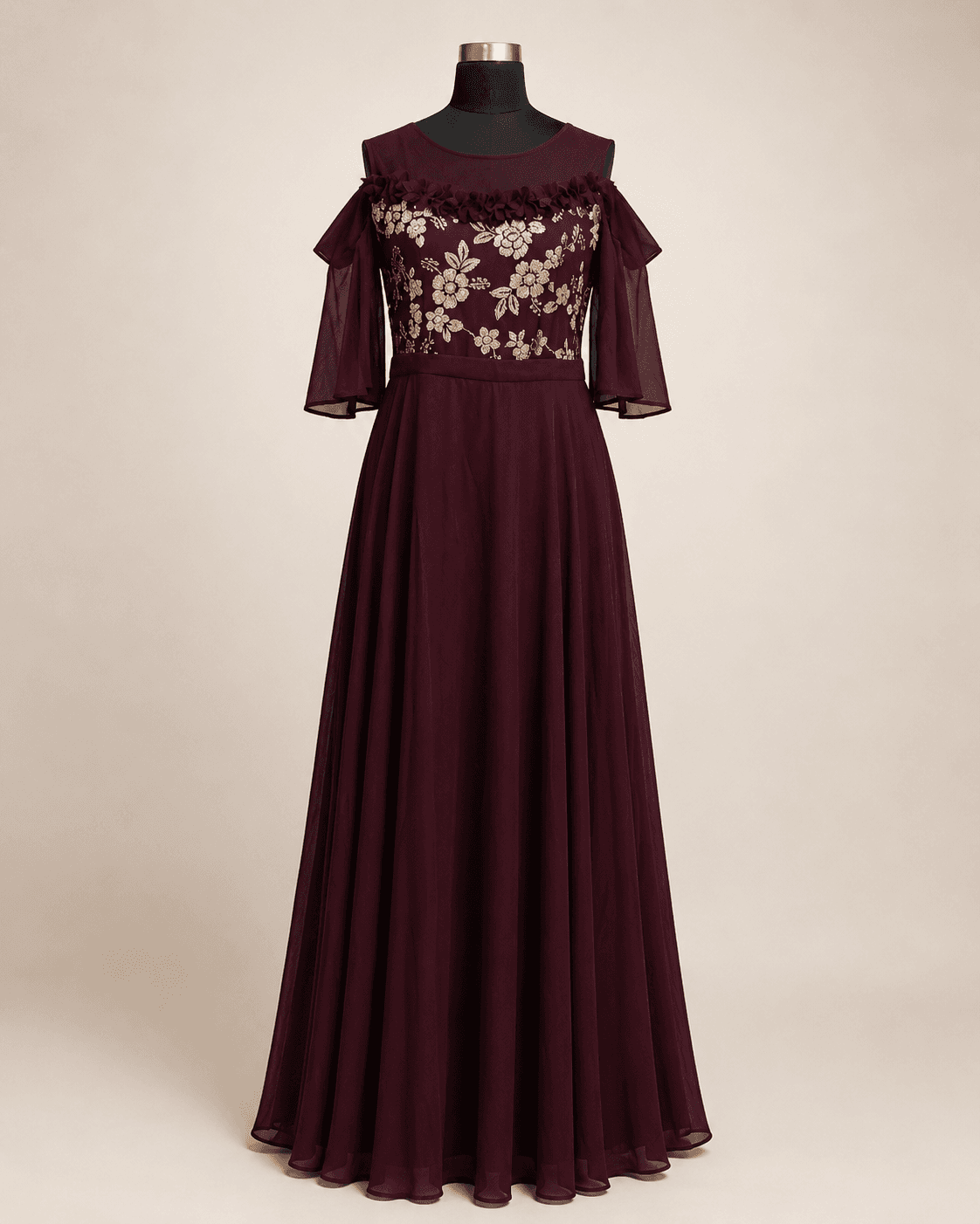 Wine Embroidered Flared Gown