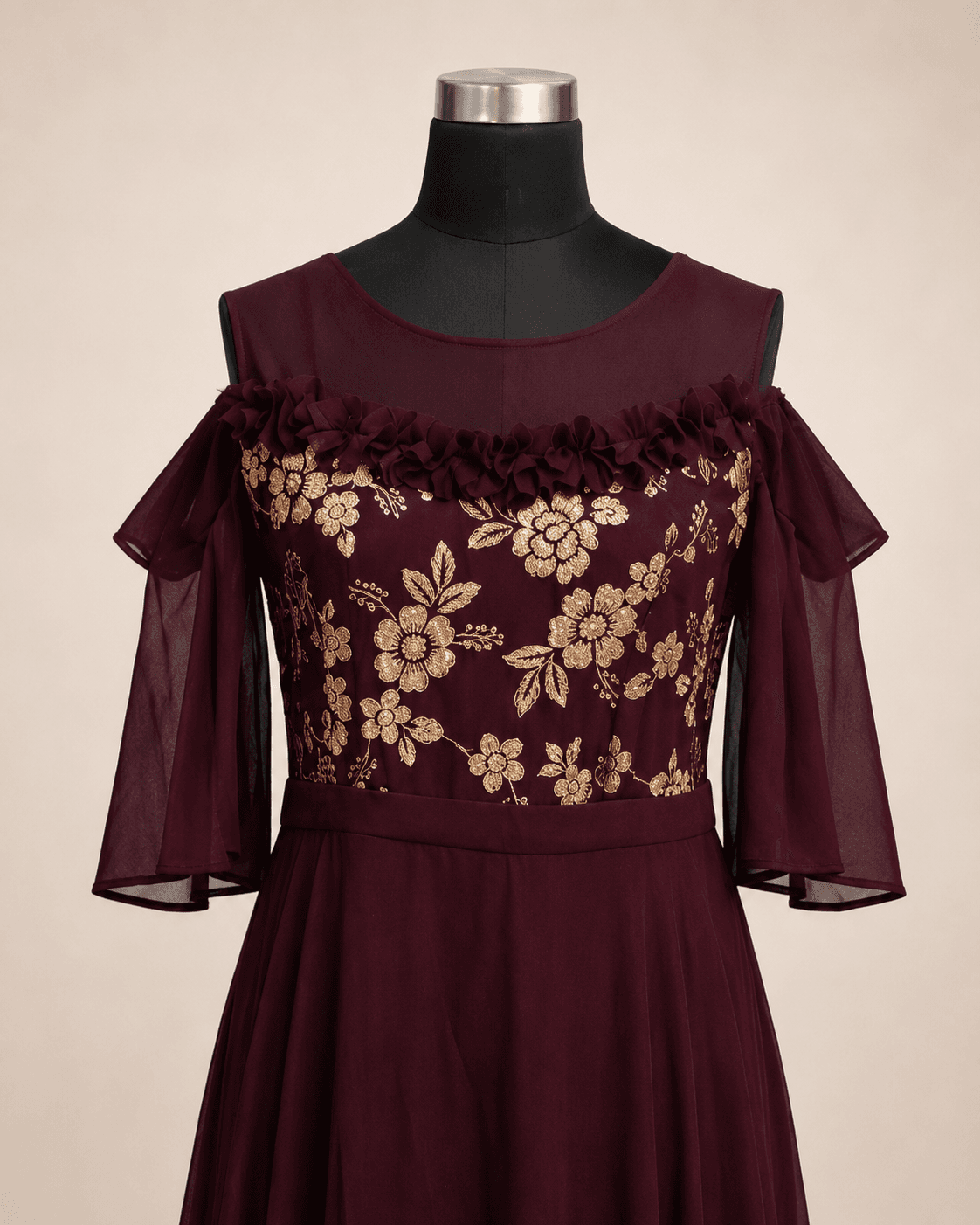 Wine Embroidered Flared Gown