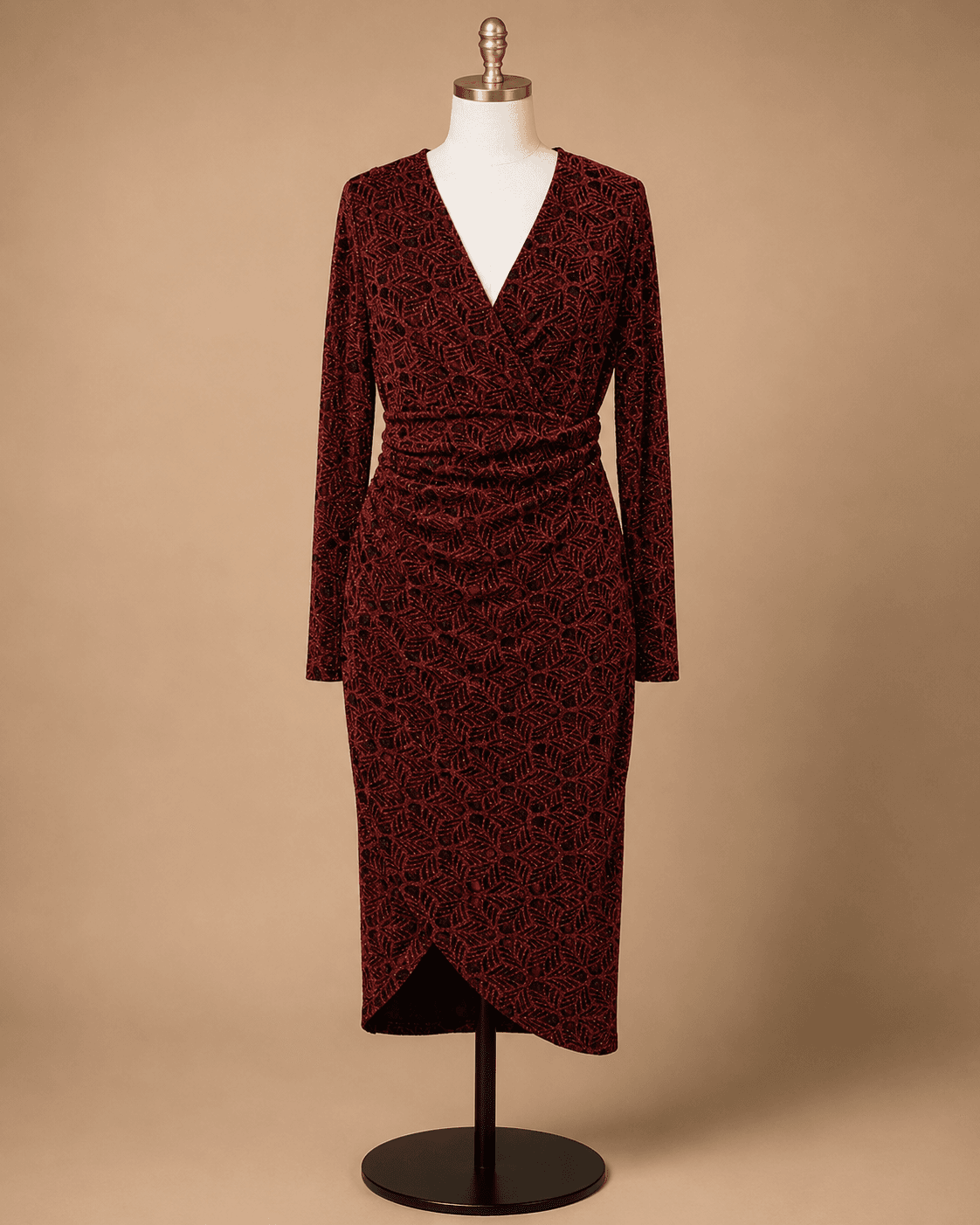 Burgundy Velvet Wrap Midi Dress