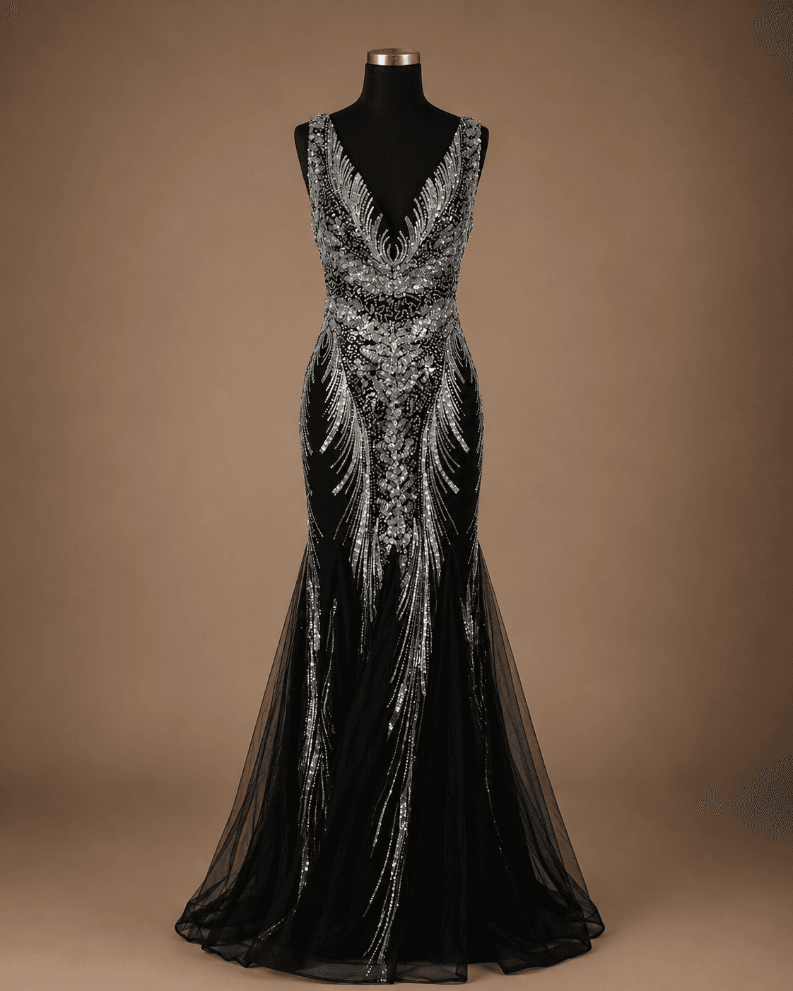 Black and Silver Embellished Evening Gown