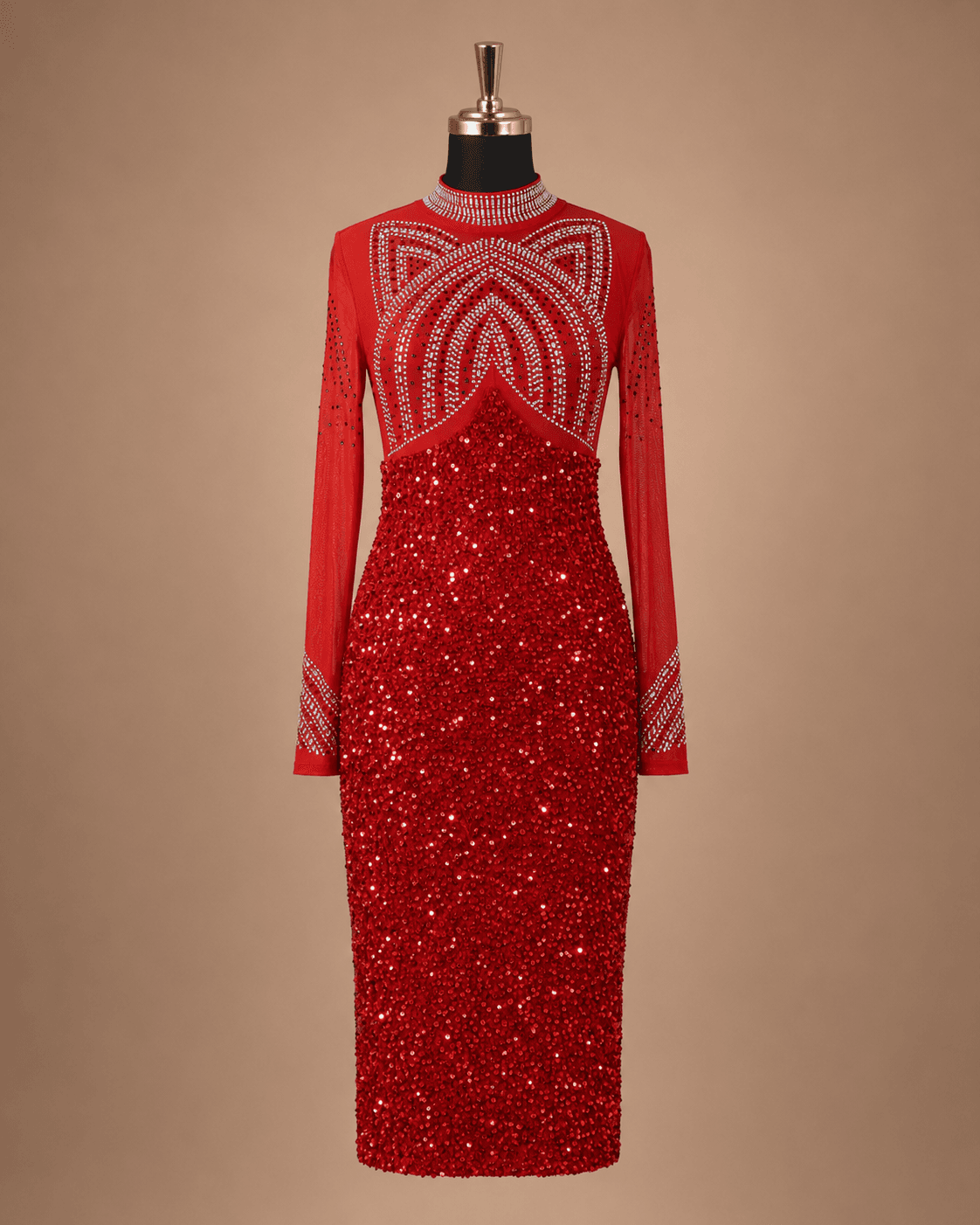 Red Embellished Midi Dress