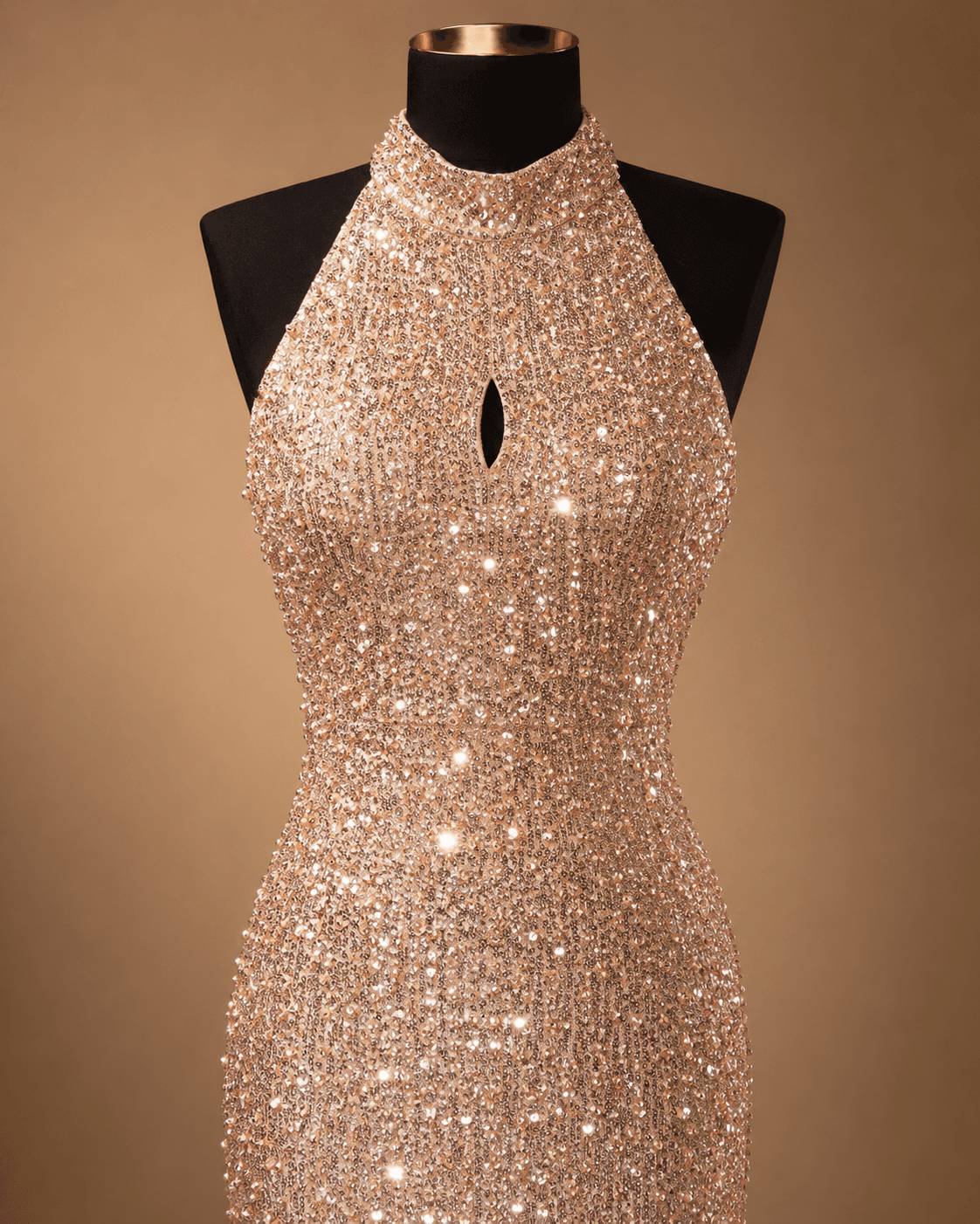 Champagne Sequin Halter Gown