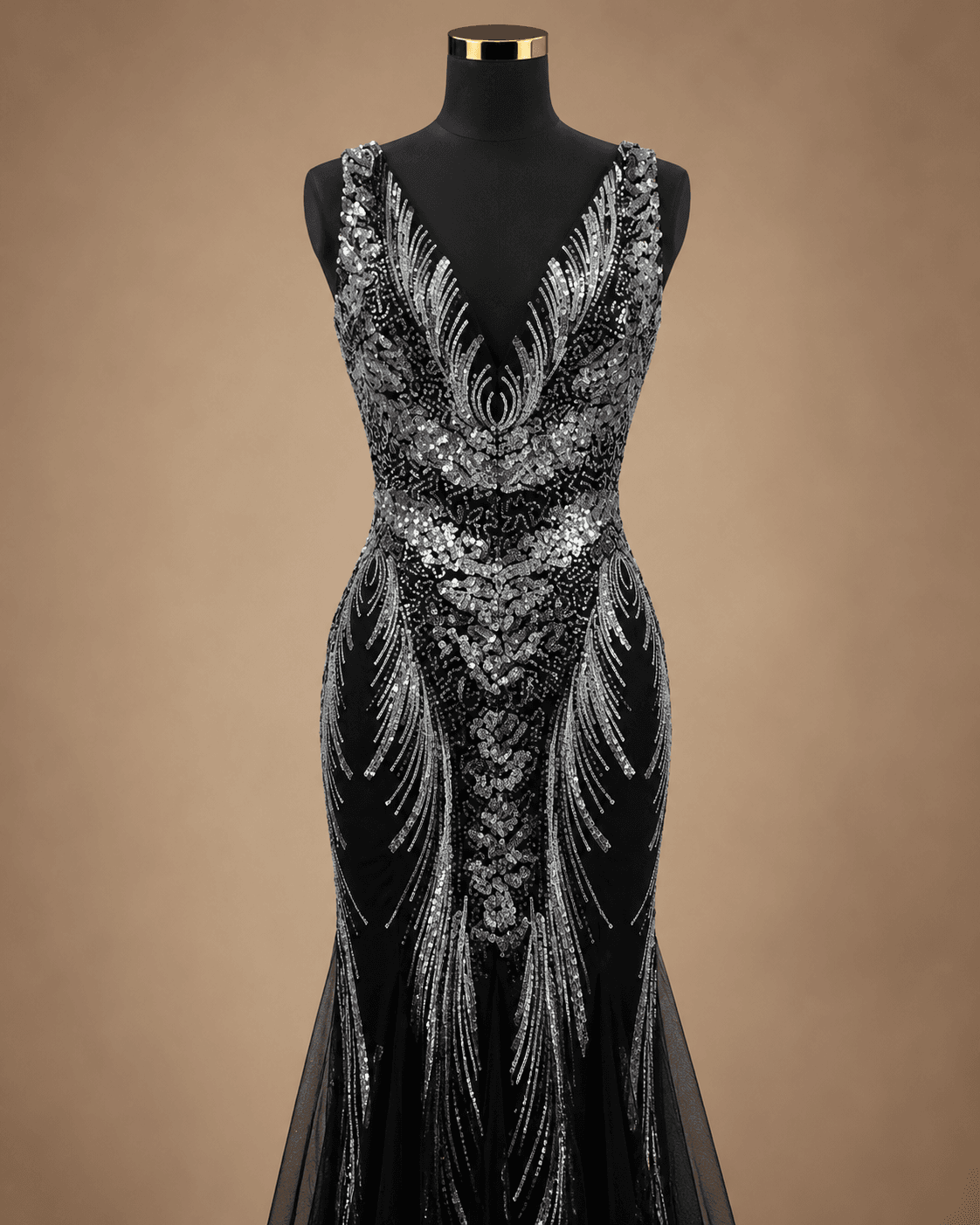 Black and Silver Embellished Evening Gown