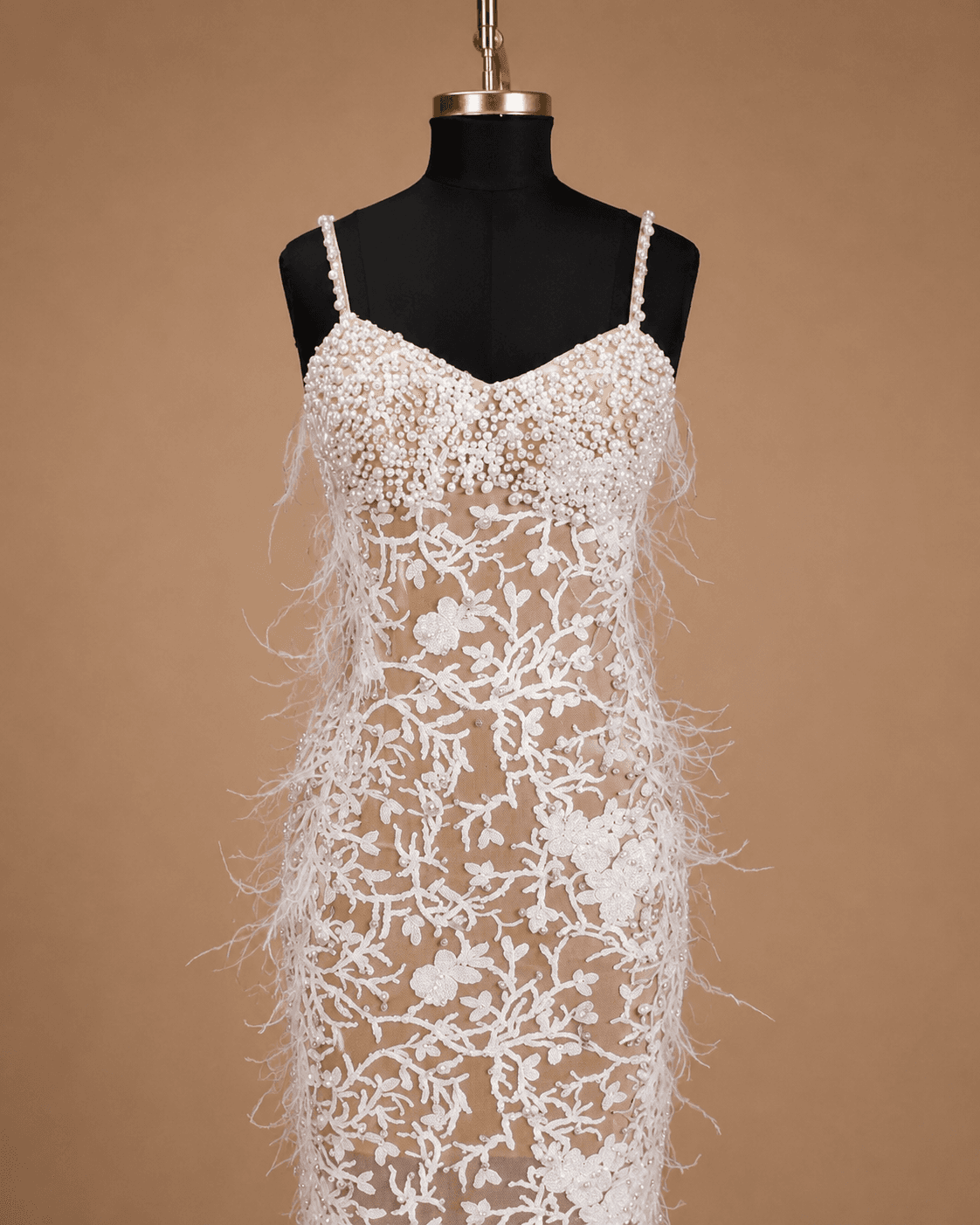 Ivory Feathered Evening Gown