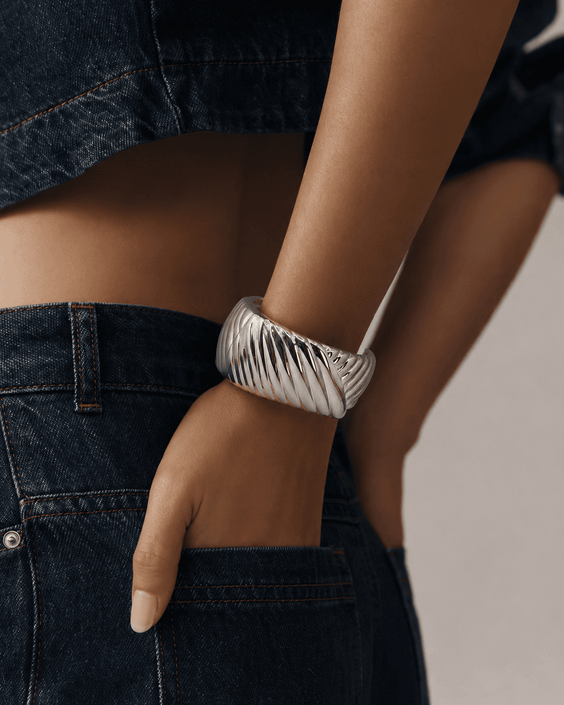 Diagonal Ribbed Silver Bracelet