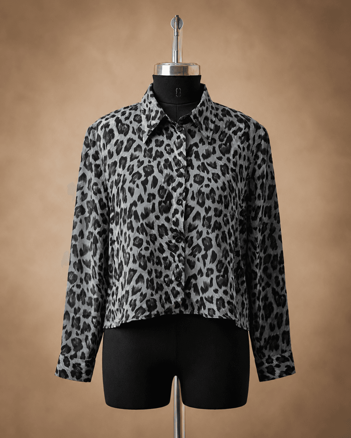 Grey Leopard Print Mock-Neck Top