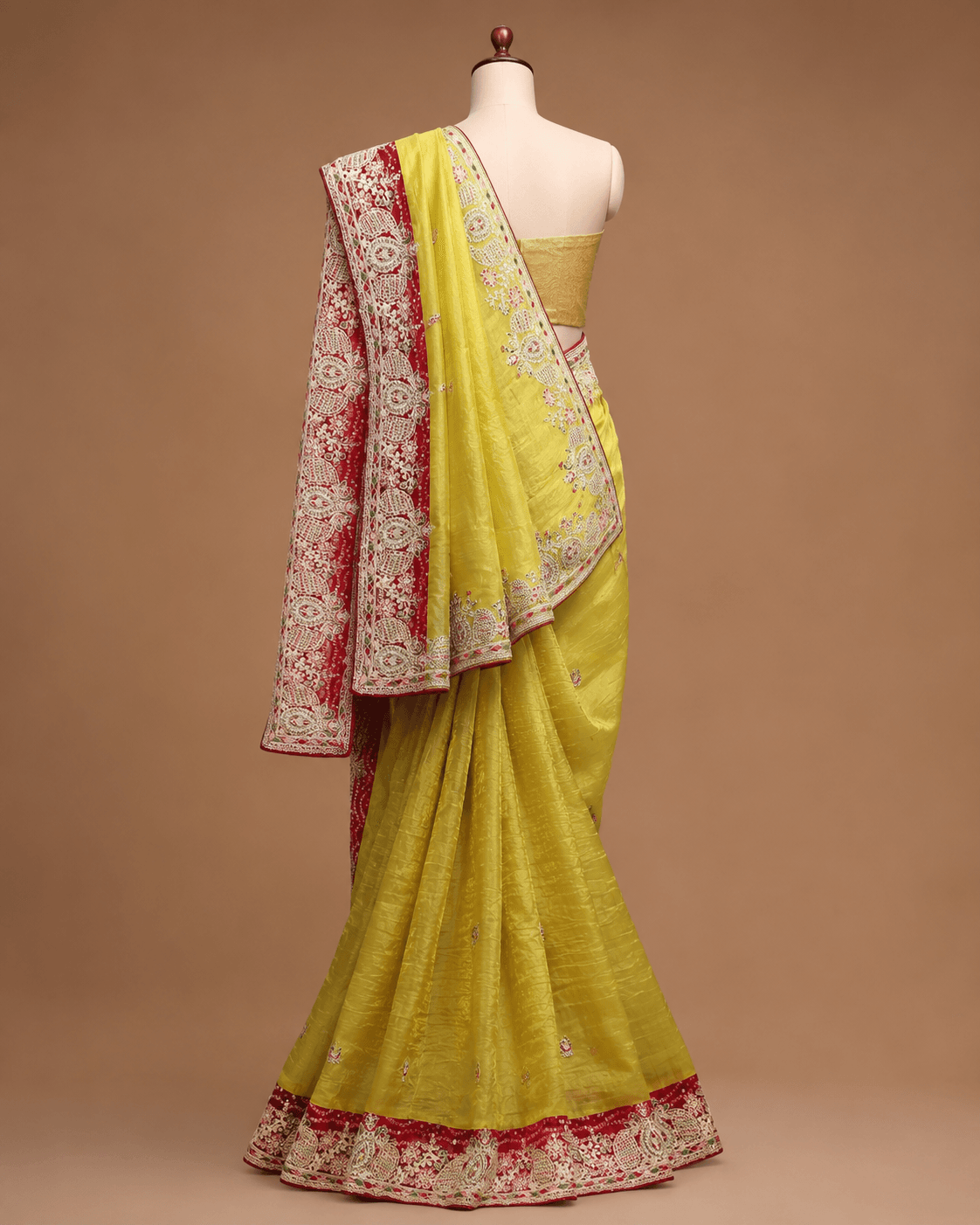 Lime Yellow & Red Sequin Heritage Border Saree