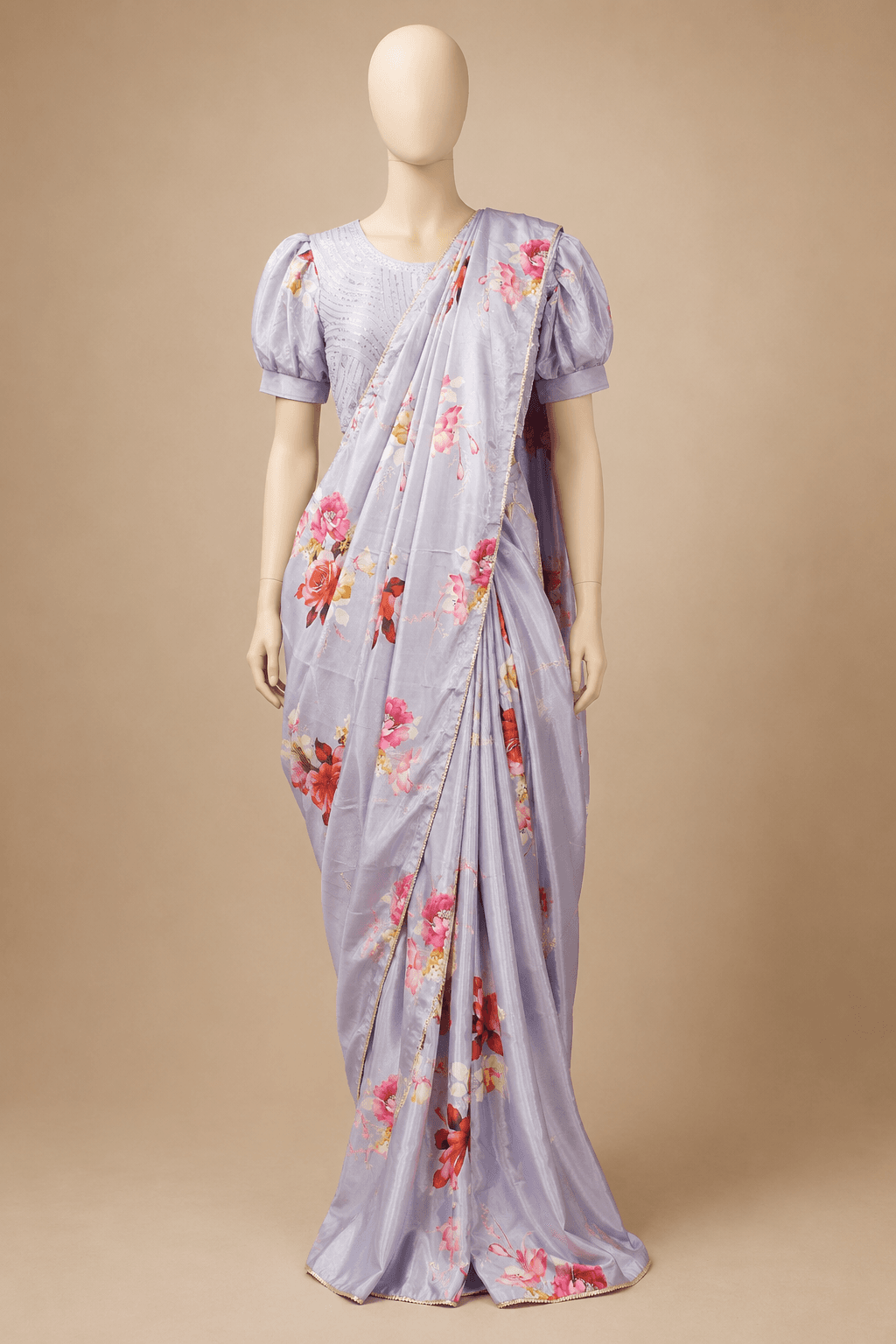 Lavender Floral Organza Pre-Draped Saree Set