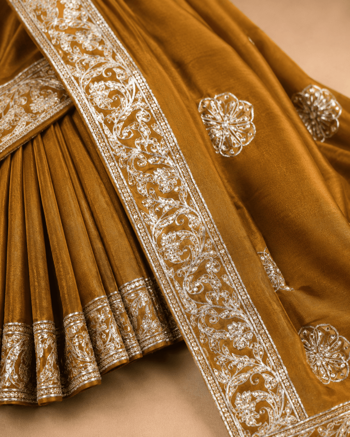 Mustard Gold Silver Metallic Embroidered Saree