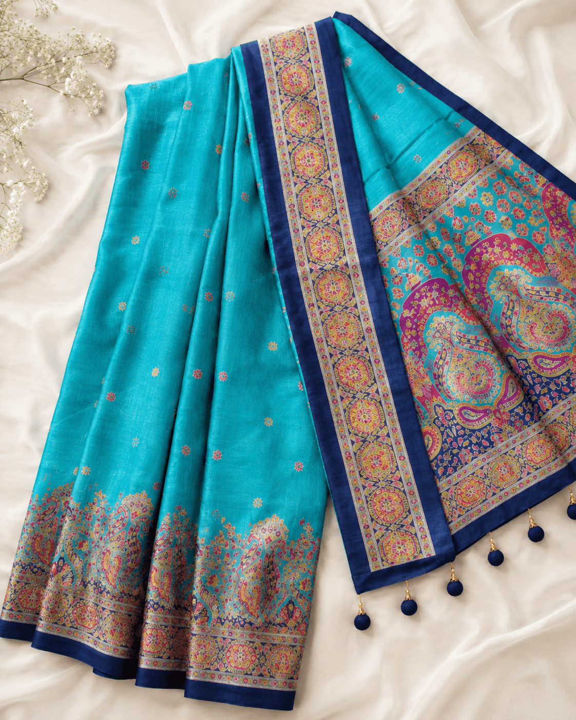 Turquoise Blue Paisley Pallu Designer Saree Set