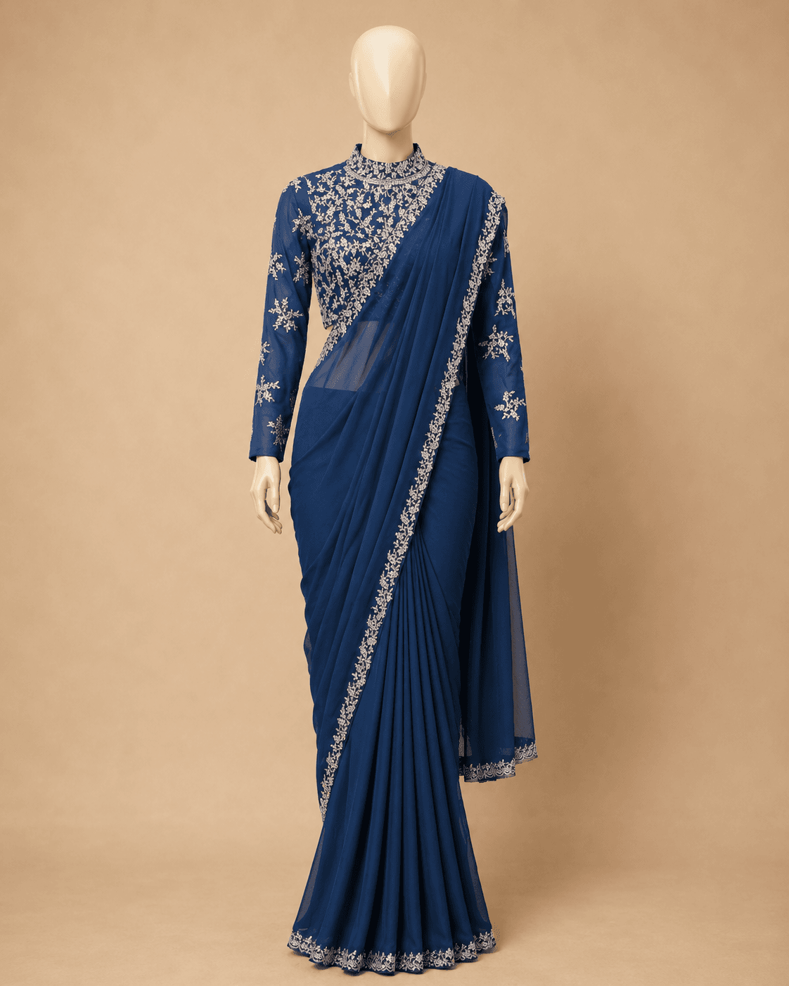 Navy Blue Heavy Stone & Sequin Designer Saree Set