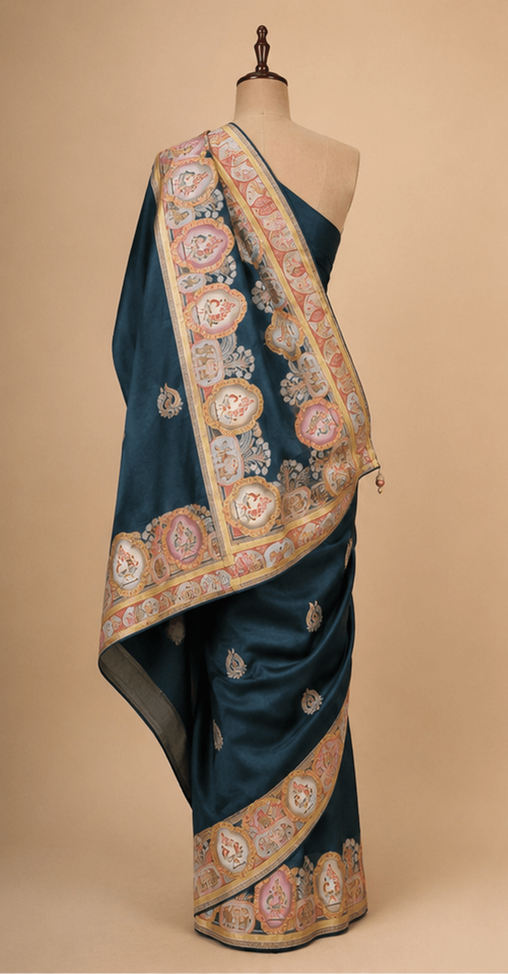 Teal Blue Multicolour Floral Embroidered Saree