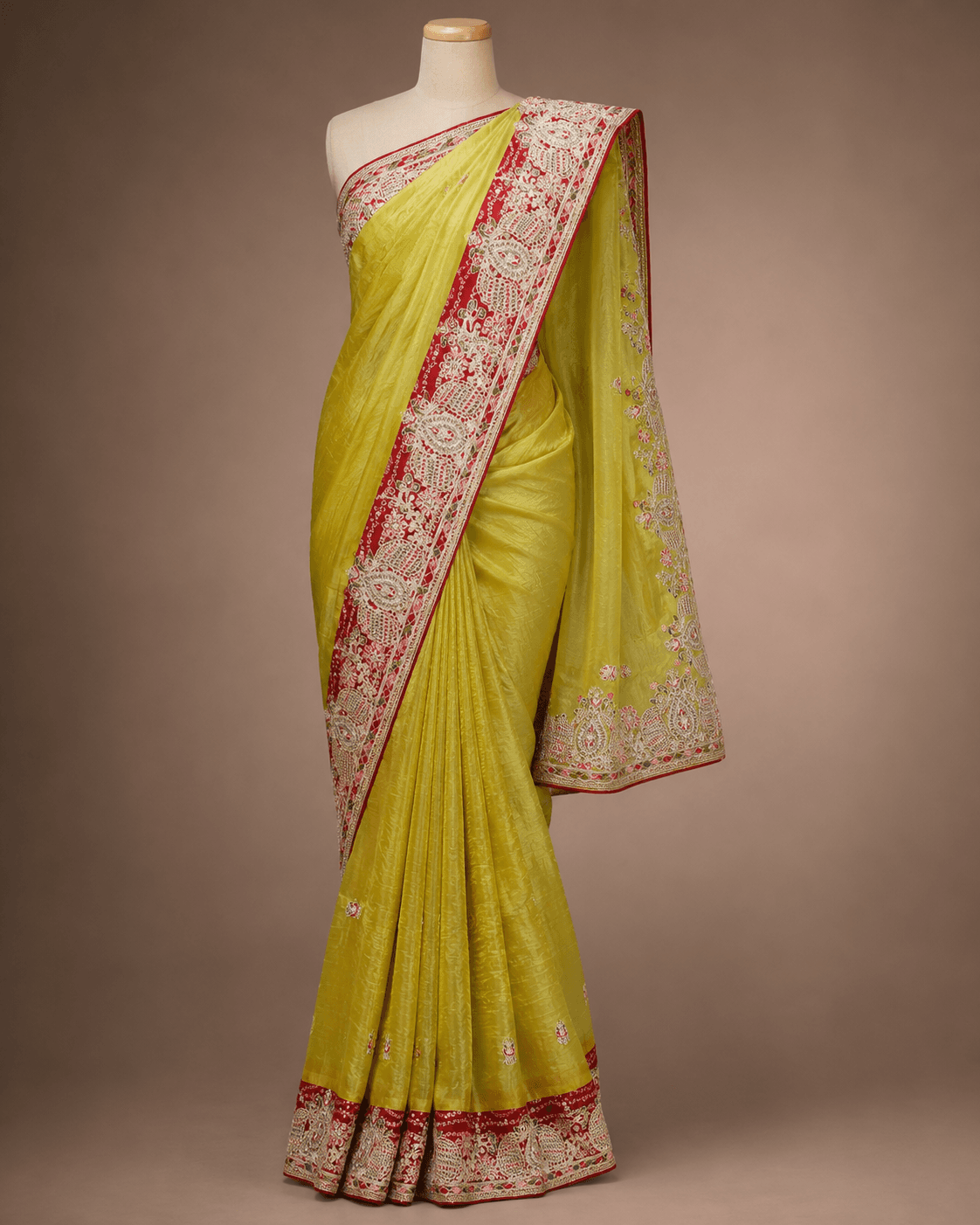 Lime Yellow & Red Sequin Heritage Border Saree