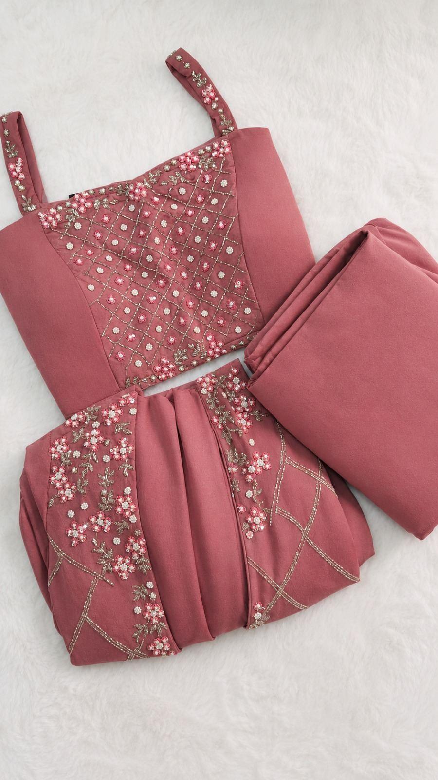Dusty Rose Pearl Embroidered 3 Piece Suit Set