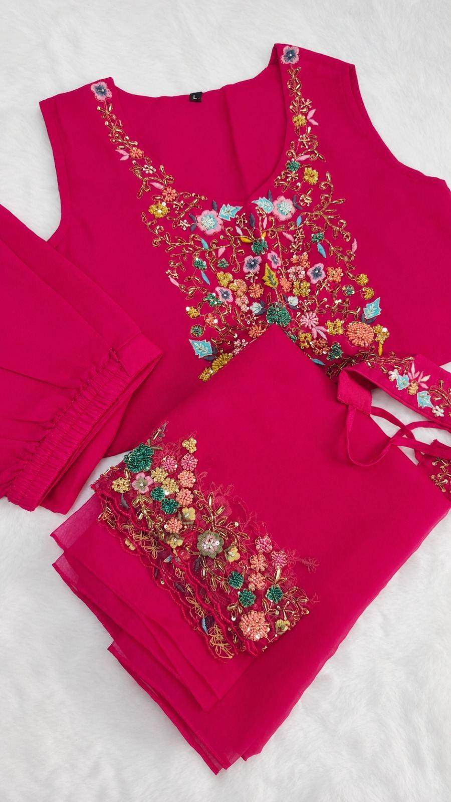 Hot Pink Floral Embroidered 3 Piece Suit Set