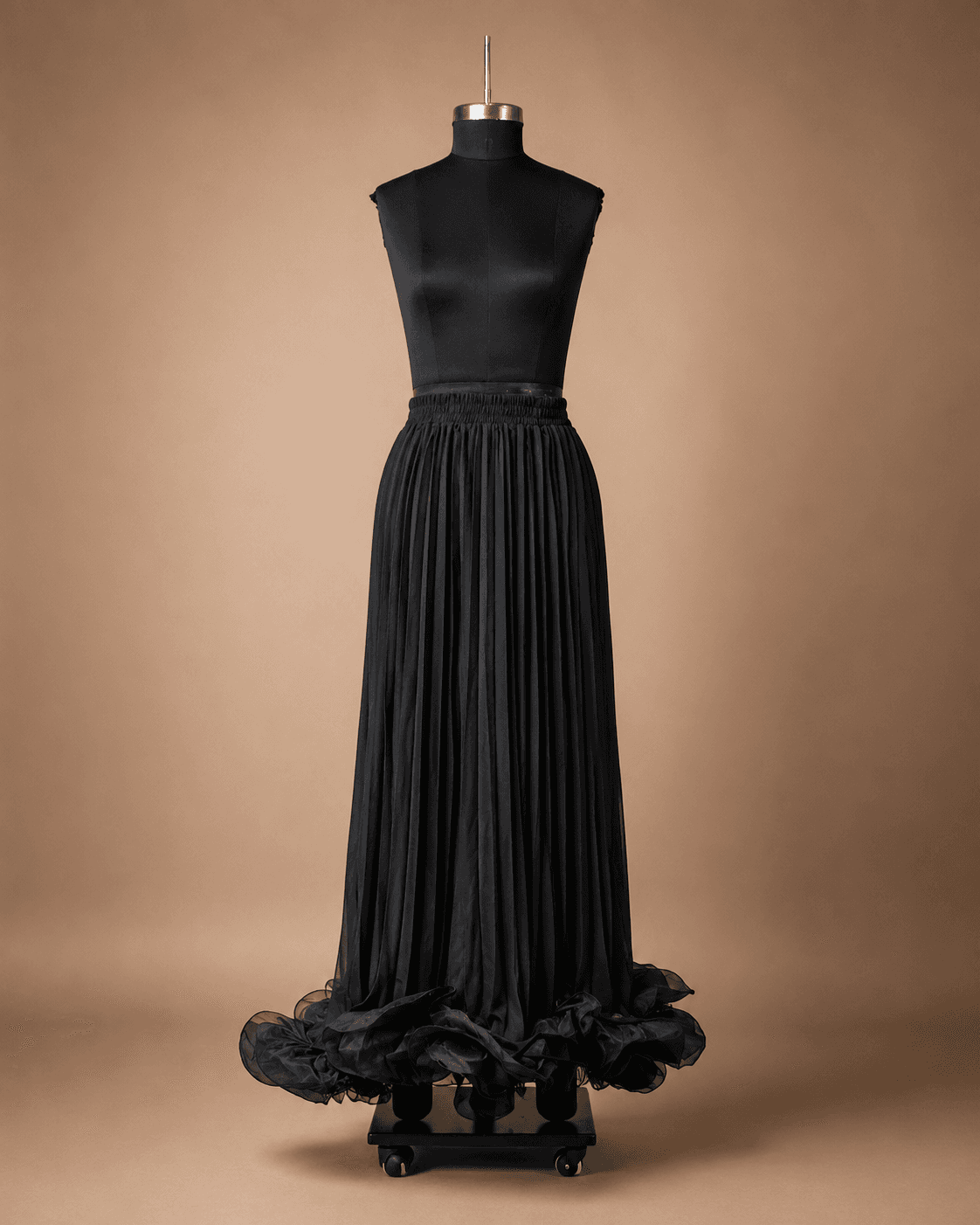 Black Pleated Maxi Skirt with Ruffle Hem