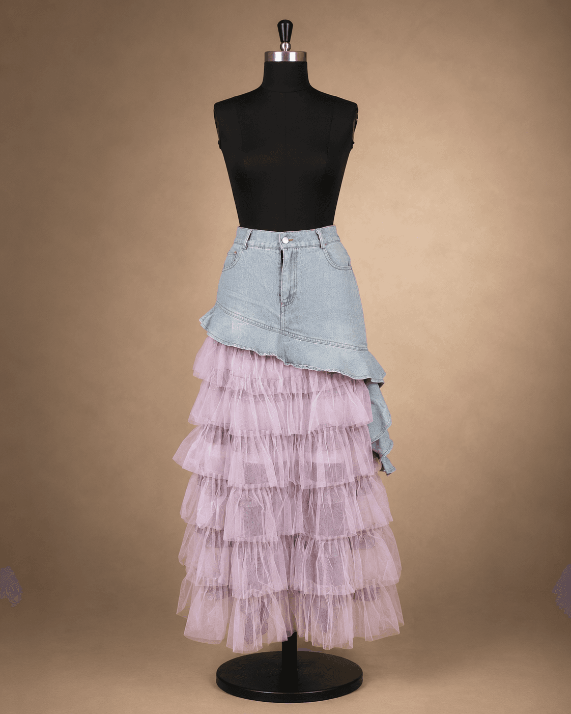 Blue Denim Pink-Tulle Ruffle Maxi Skirt
