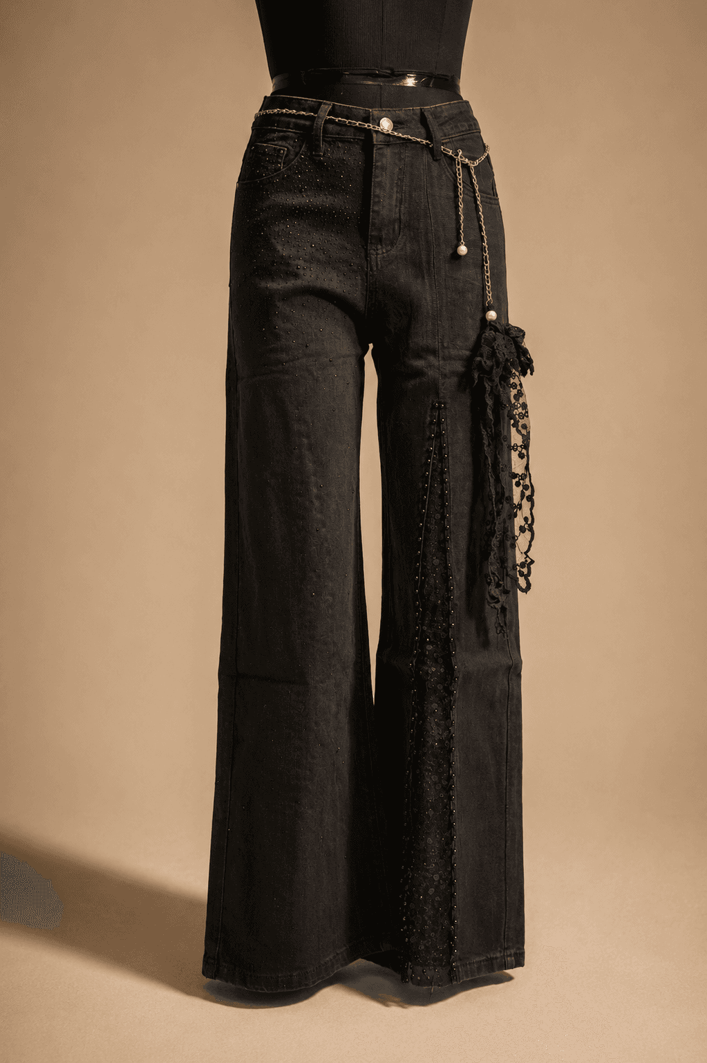 Black Shimmer Wide-Leg Trousers with Side Lace