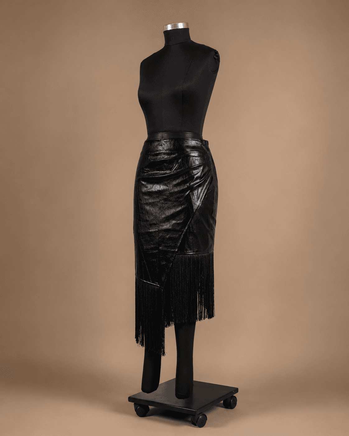 Black Faux-Leather Fringe Midi Skirt