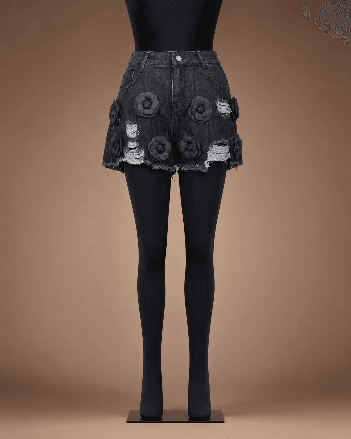 Black Floral Appliqué Denim Shorts