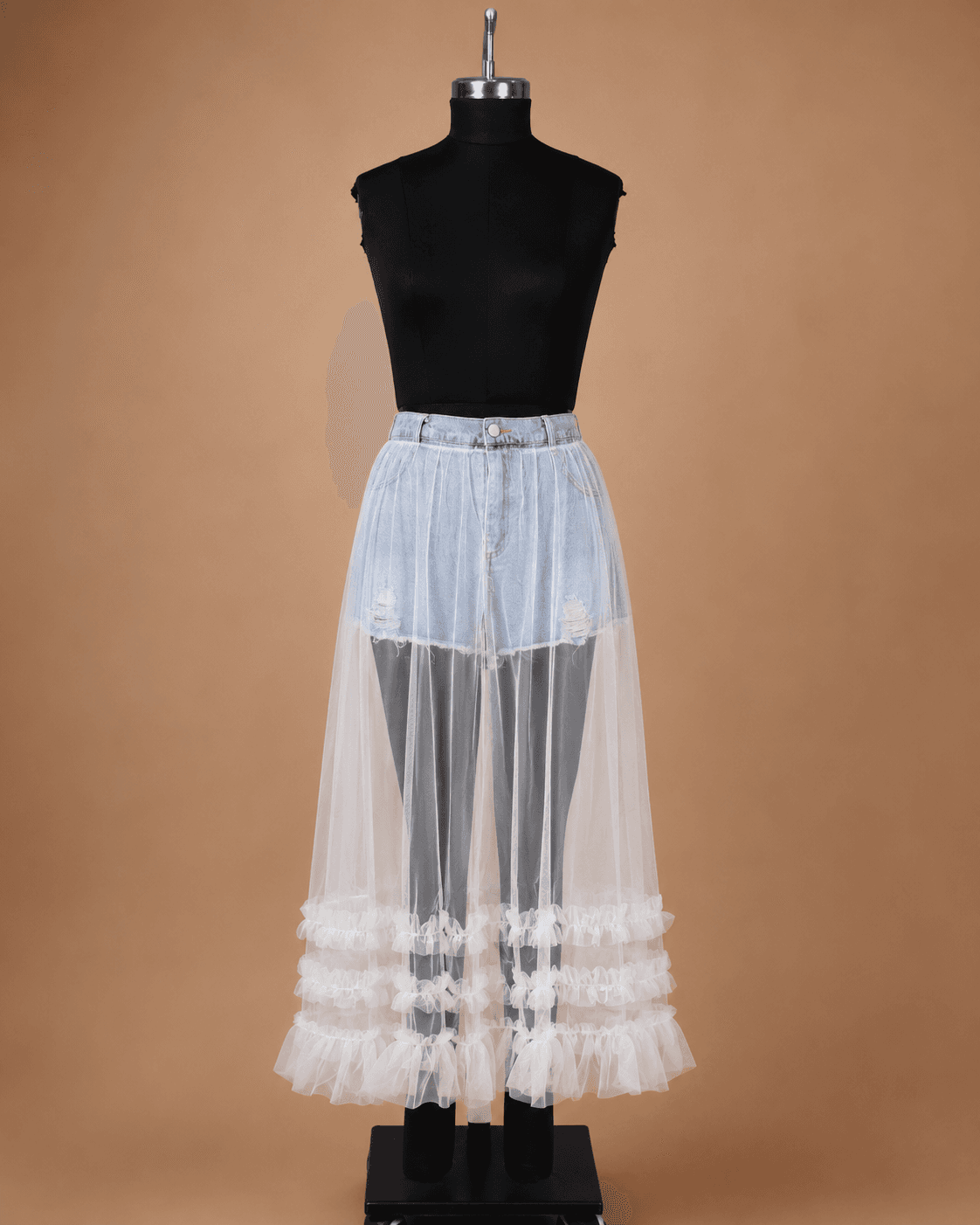 Denim Mini Skirt with White Mesh Maxi Overlay