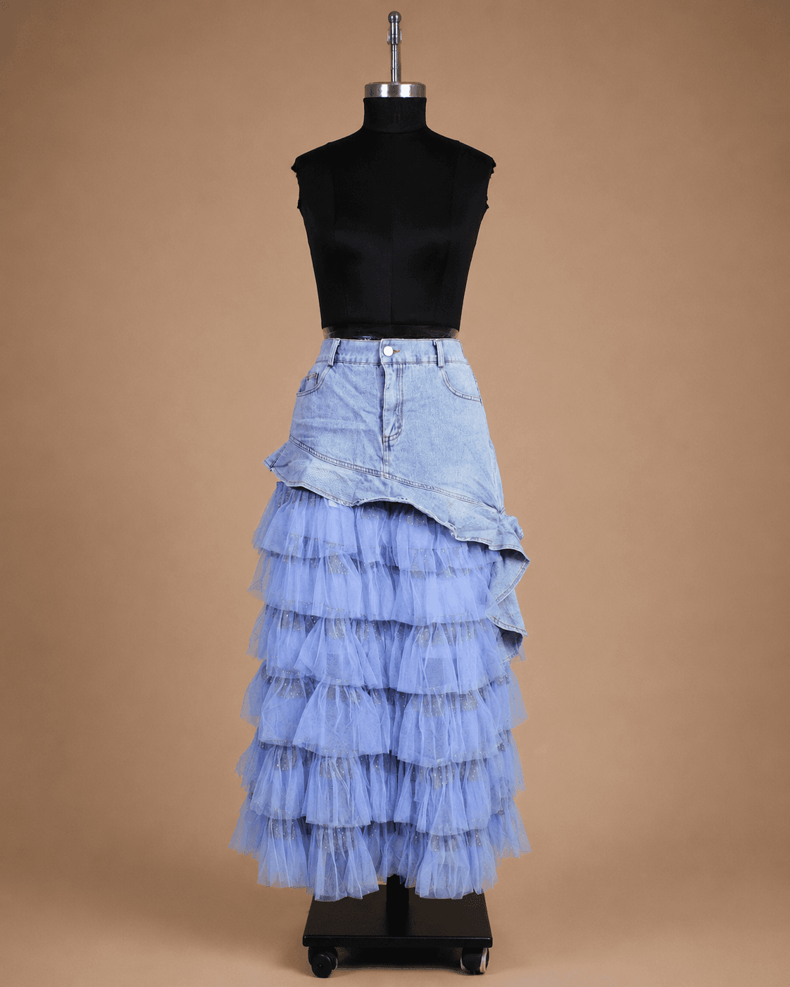 Blue Denim Asymmetric Ruffle Maxi Skirt