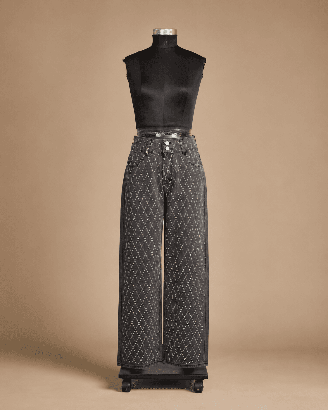 Charcoal Diamond-Print Wide-Leg Trousers