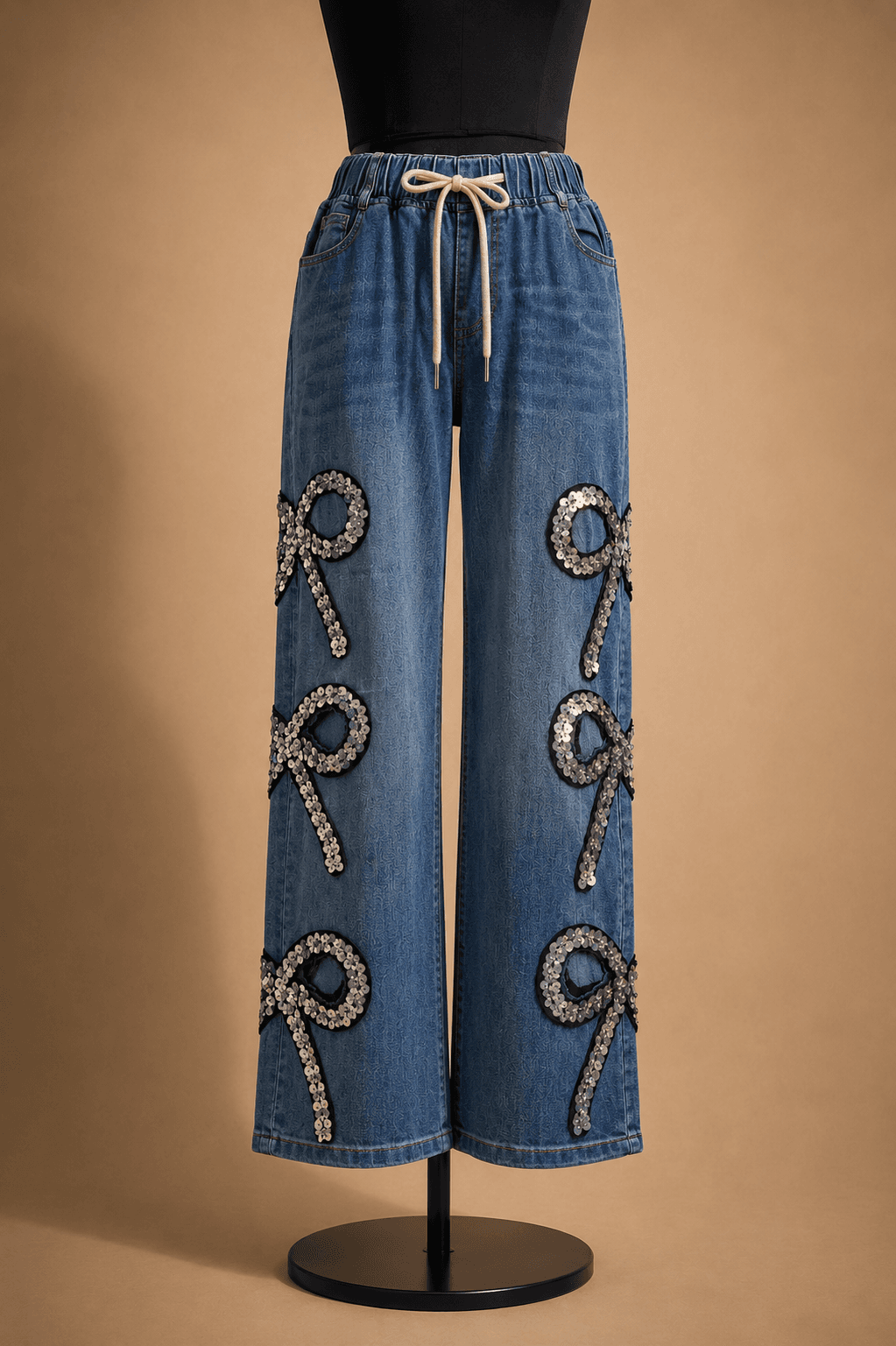 Blue Embellished Motif Wide-Leg Jeans