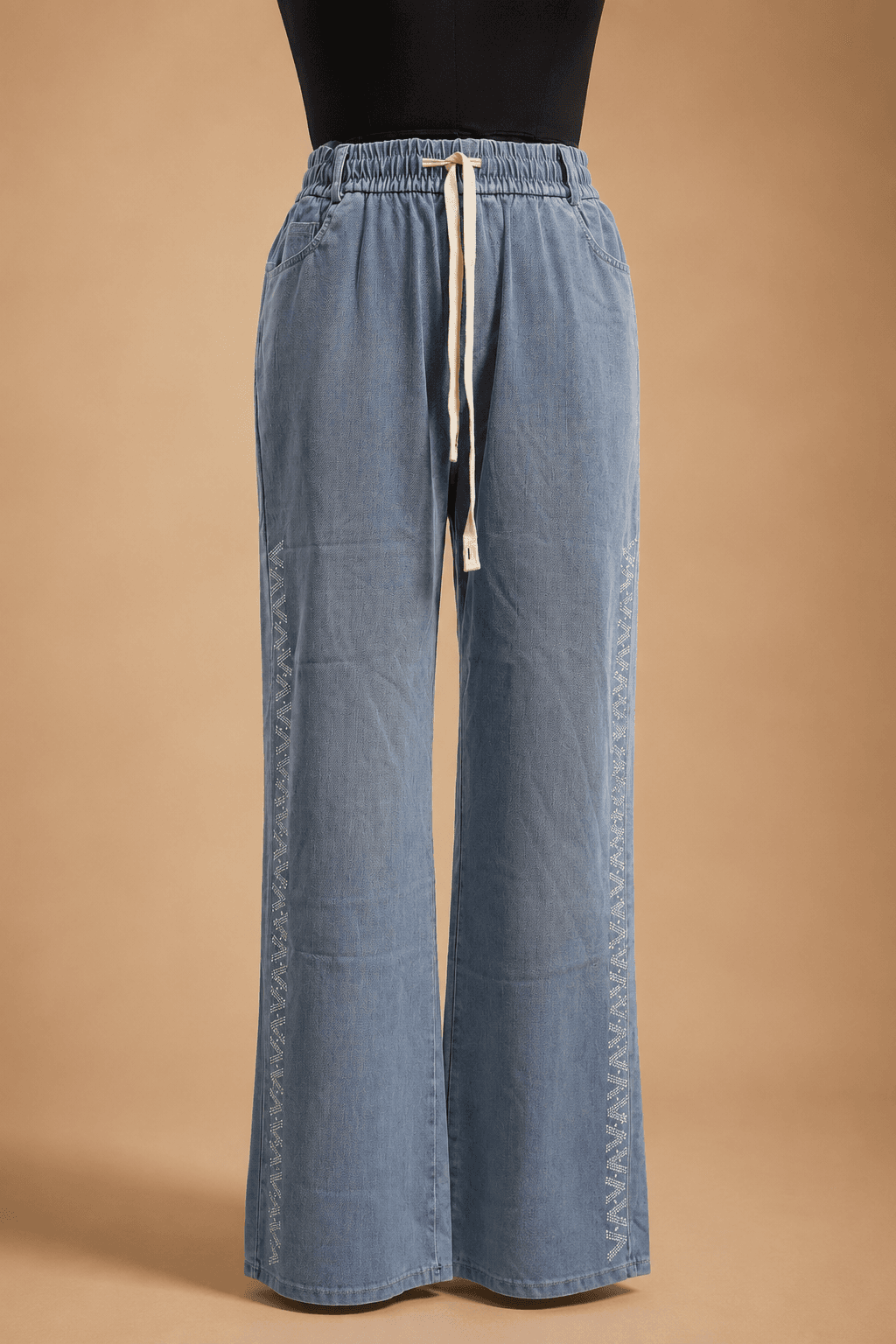 Light Blue Drawstring Wide-Leg Denim Pants
