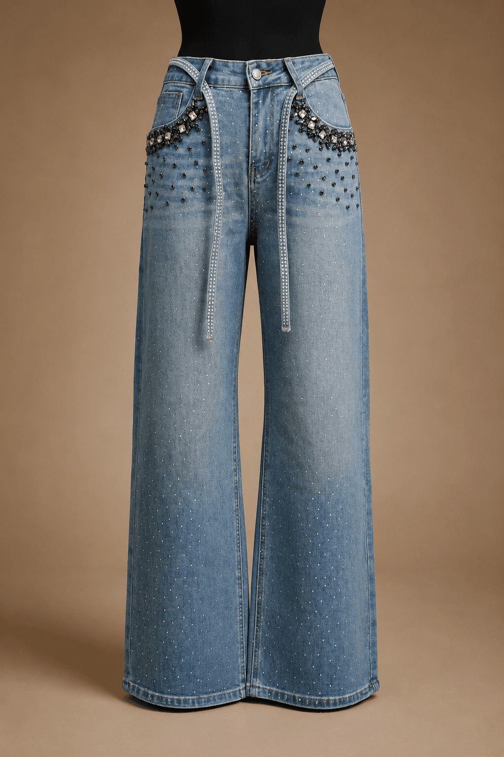 Light Blue Rhinestone-Pocket Wide-Leg Jeans