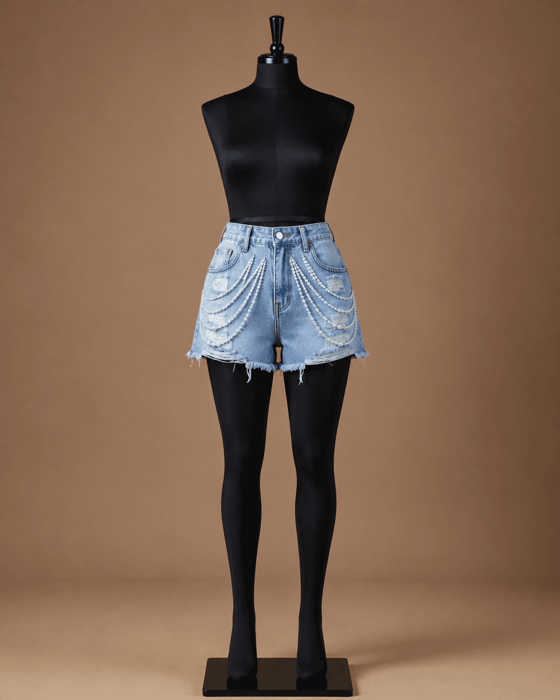 Light Blue Pearl-Chain Denim Shorts
