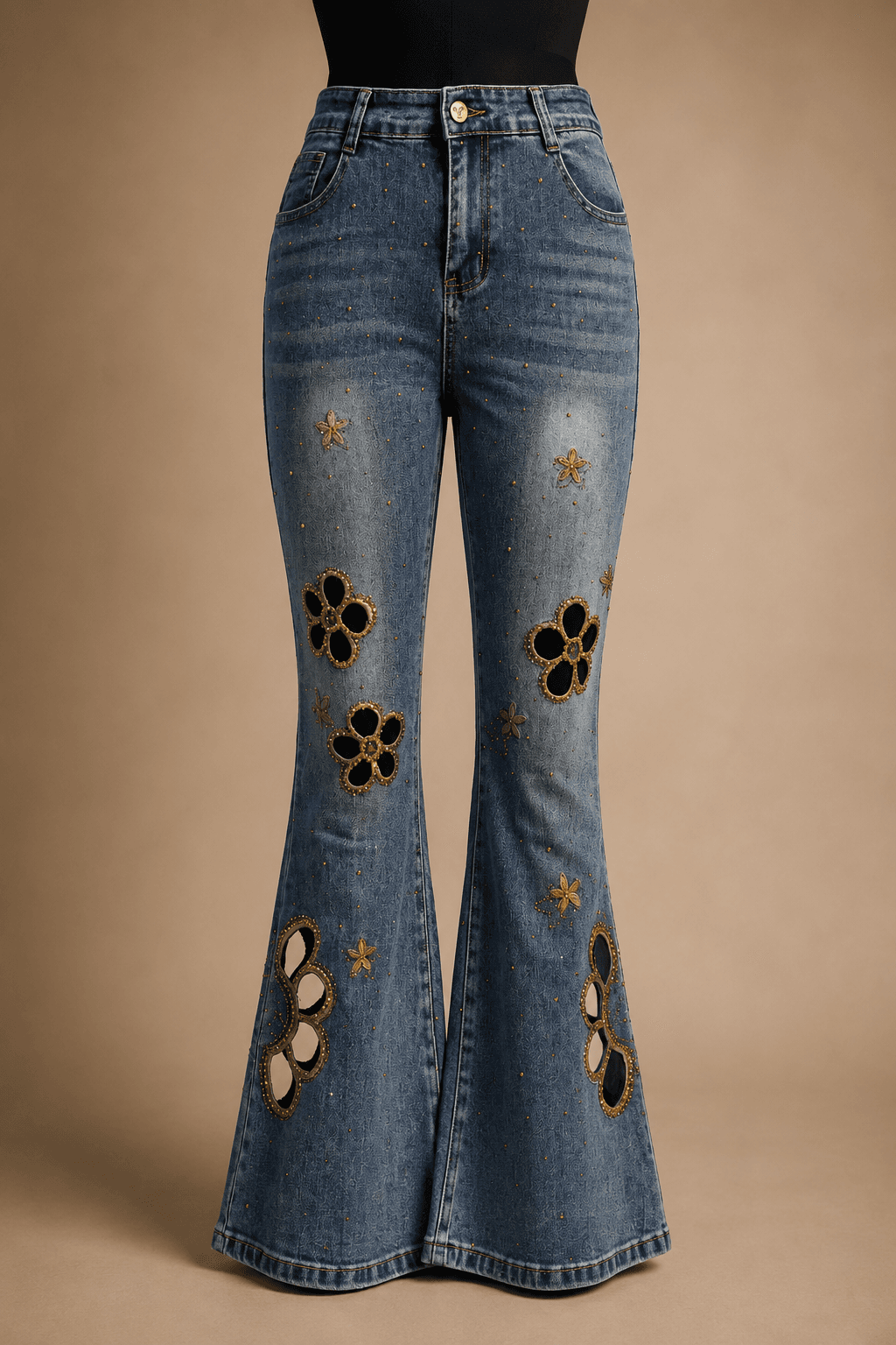 Blue Floral Cutout Flared Jeans