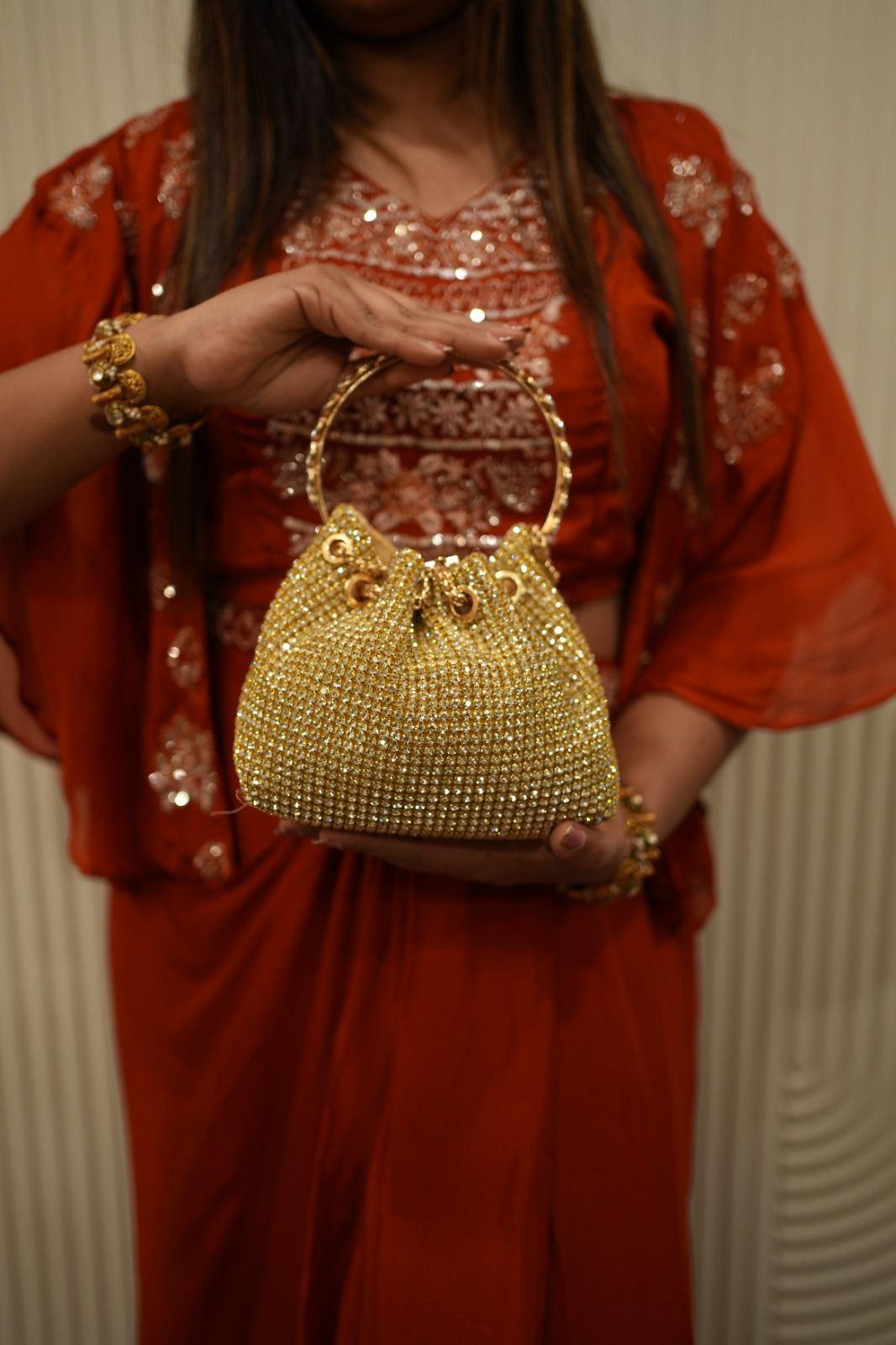 Gold Crystal Drawstring Potli