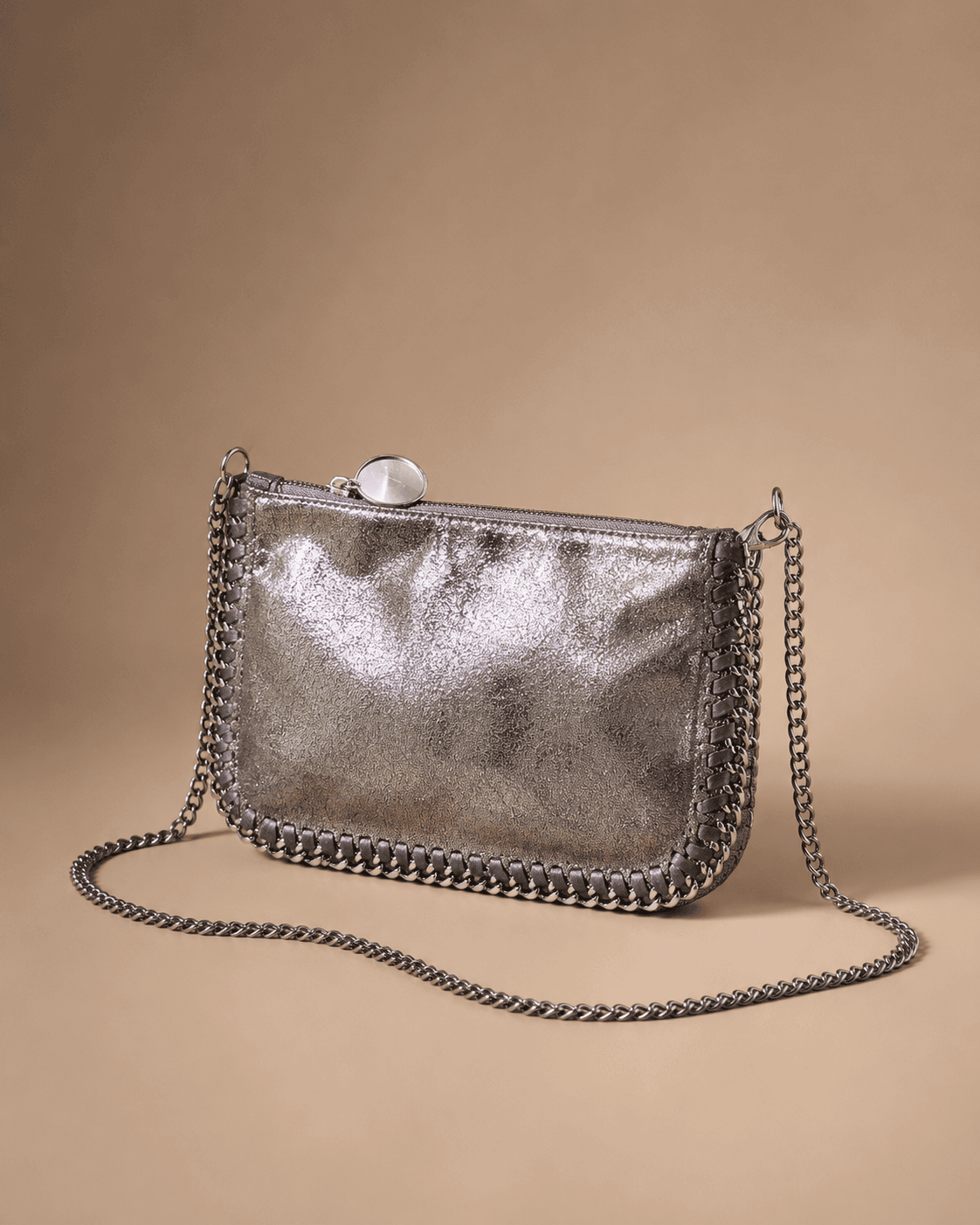 Pewter Metallic Chain Sling Bag