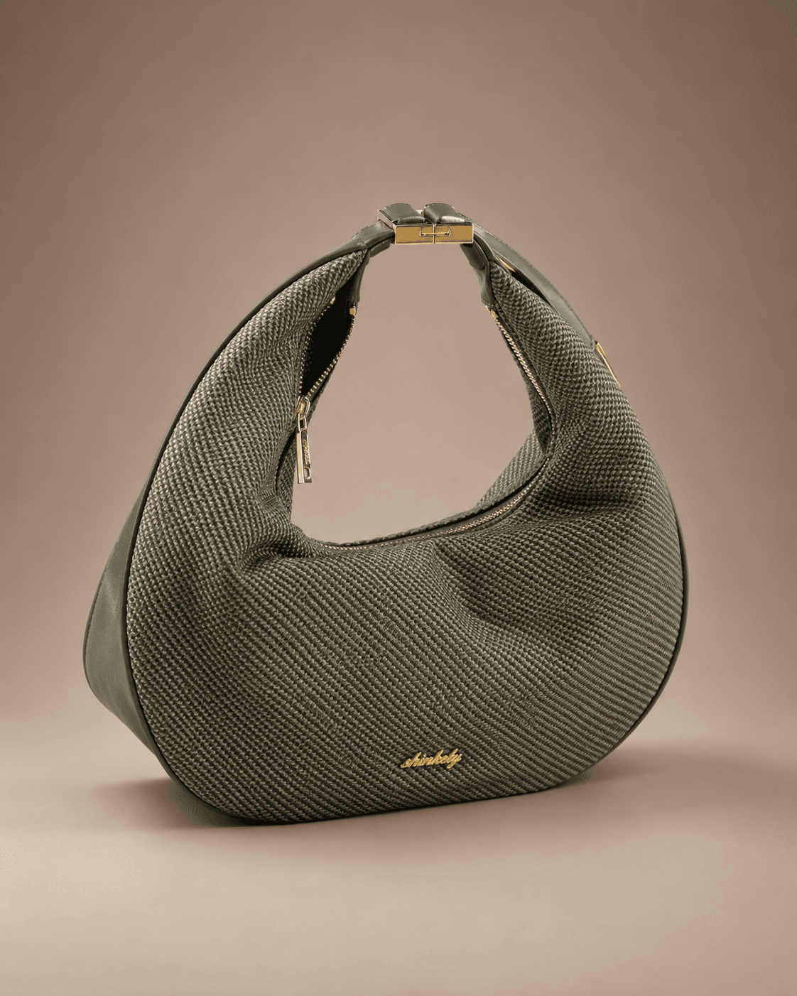 Olive Textured Crescent Hobo Bag
