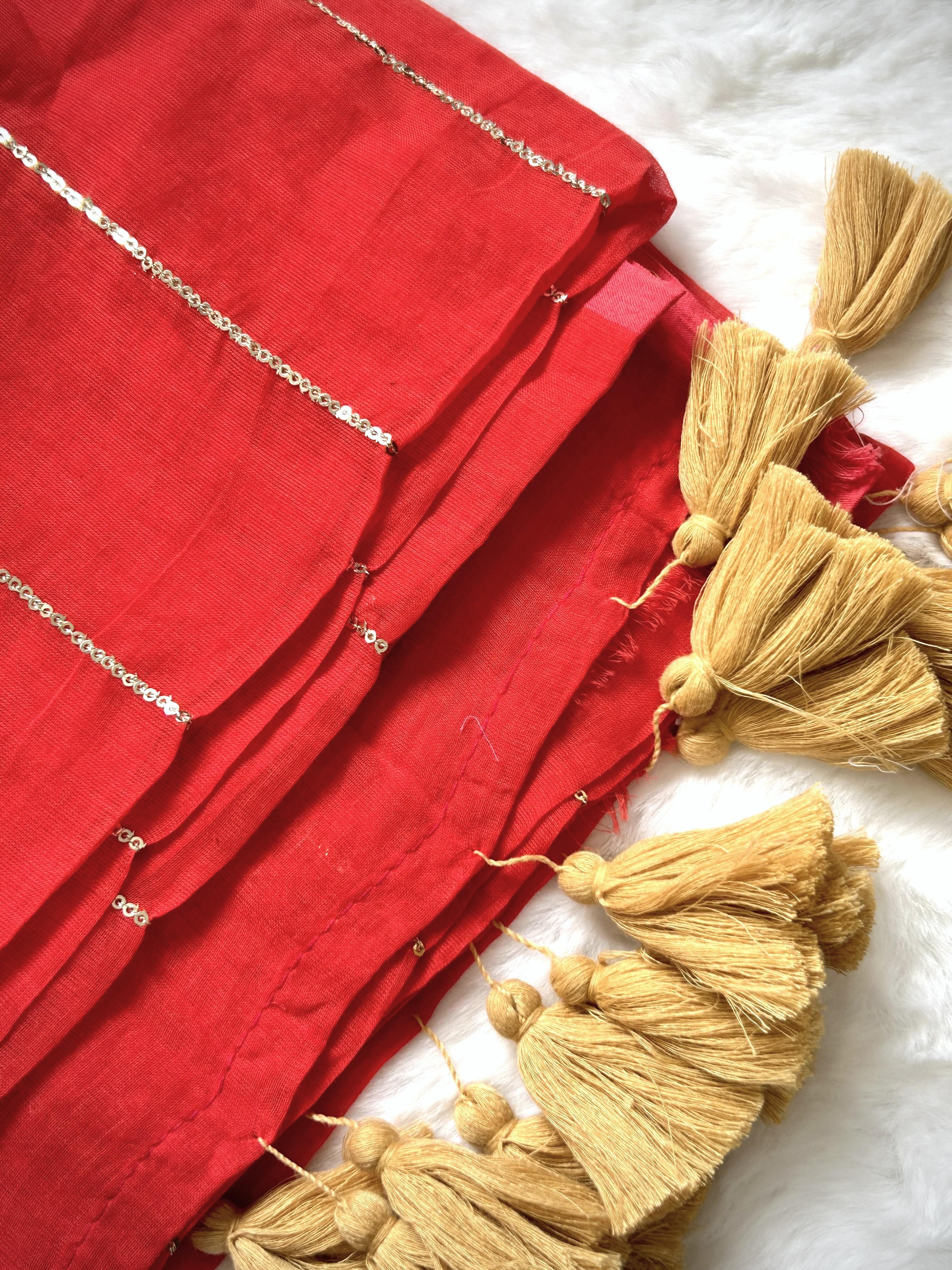 Vermilion Red Zari Stripe Tassel Saree