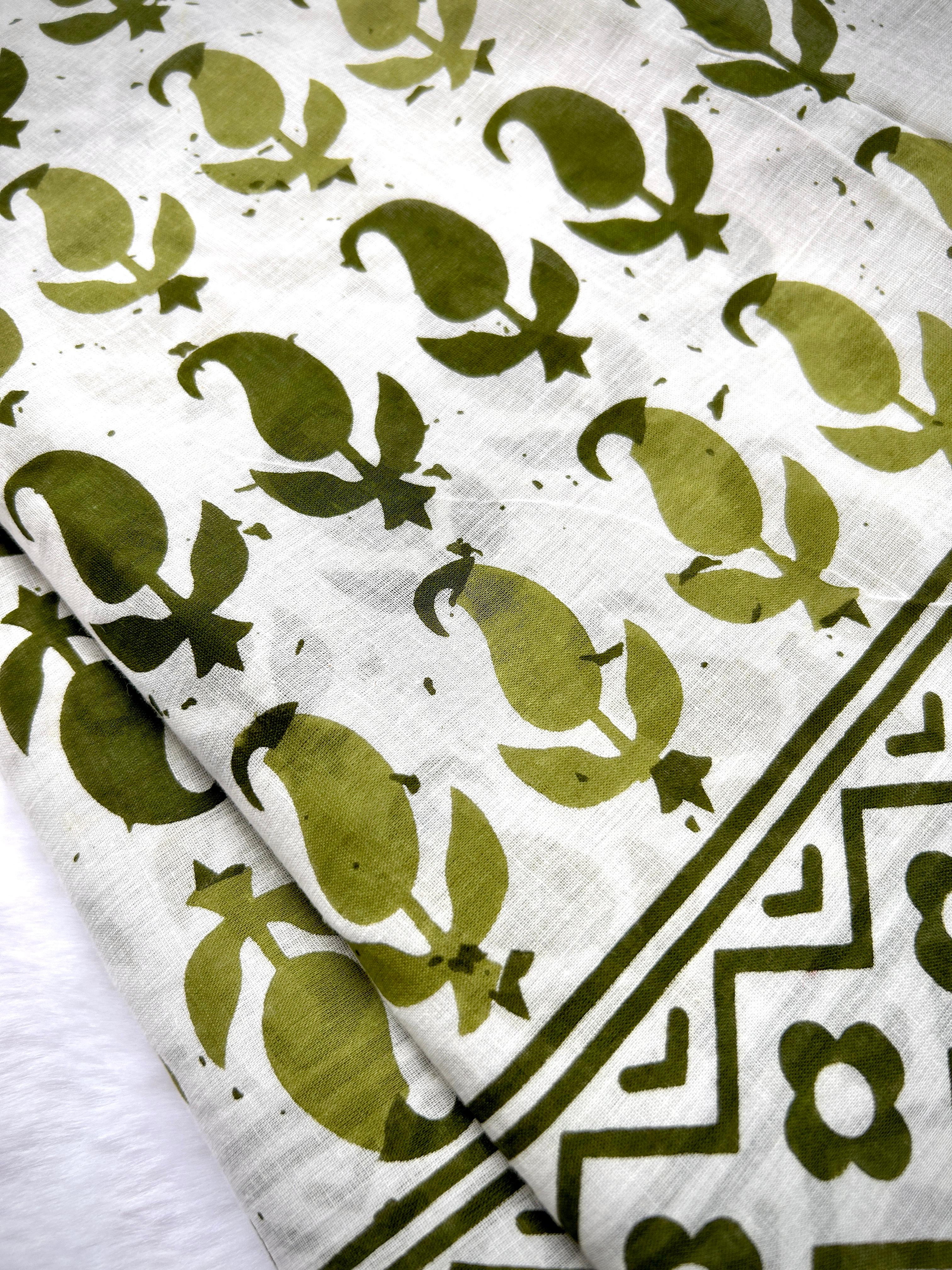 Off-White Olive Botanical Block Print Saree