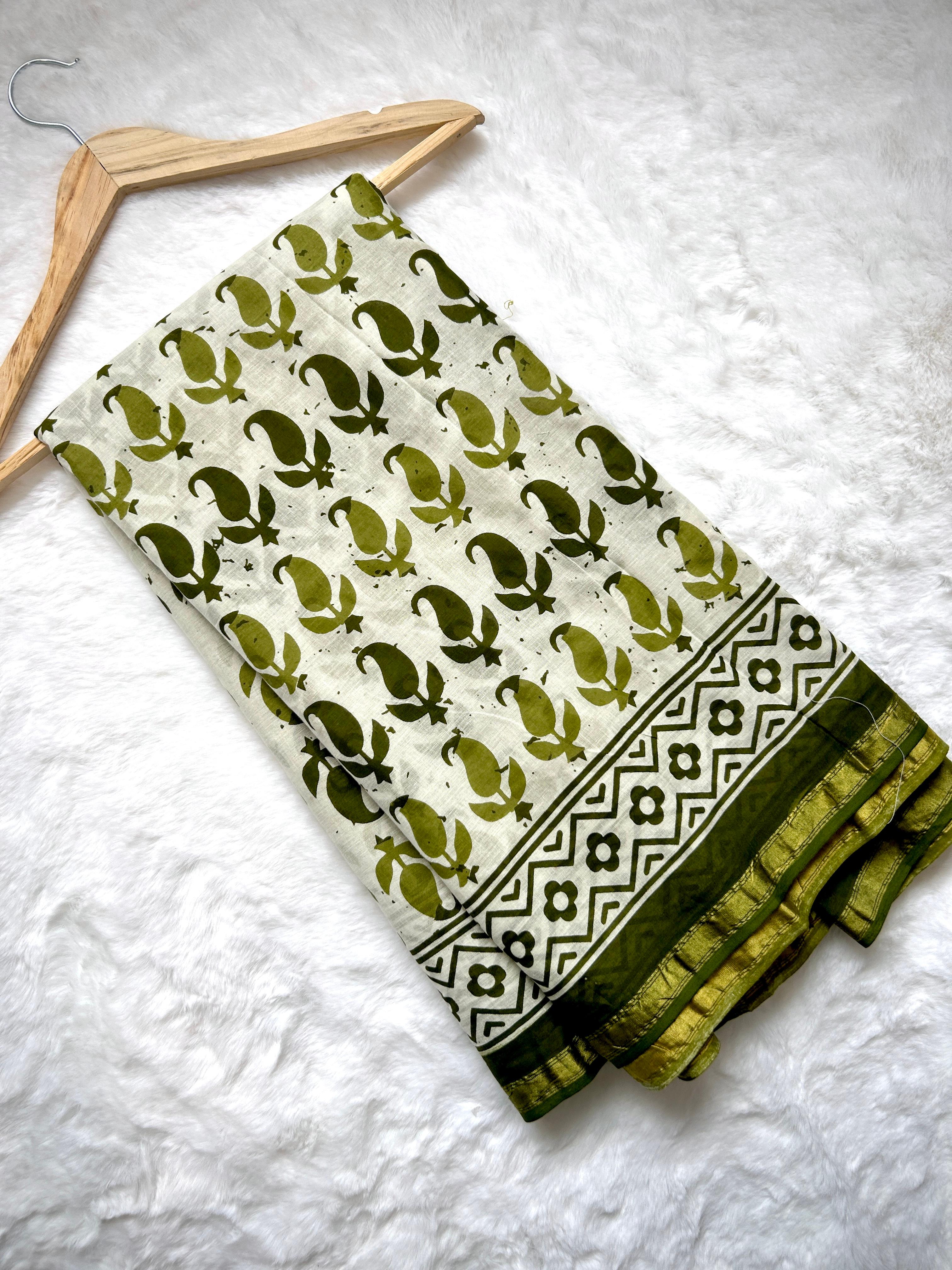 Off-White Olive Botanical Block Print Saree