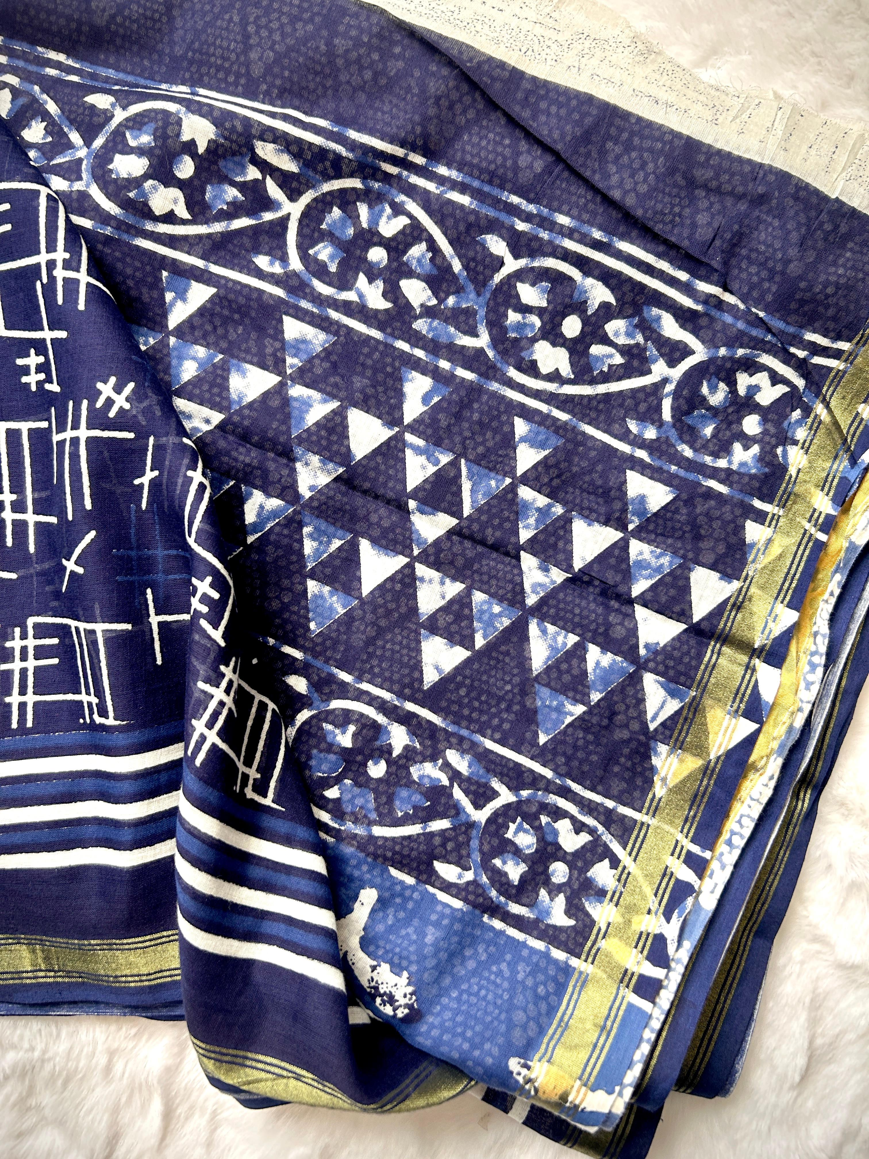 Navy Indigo Geometric Block Print Saree