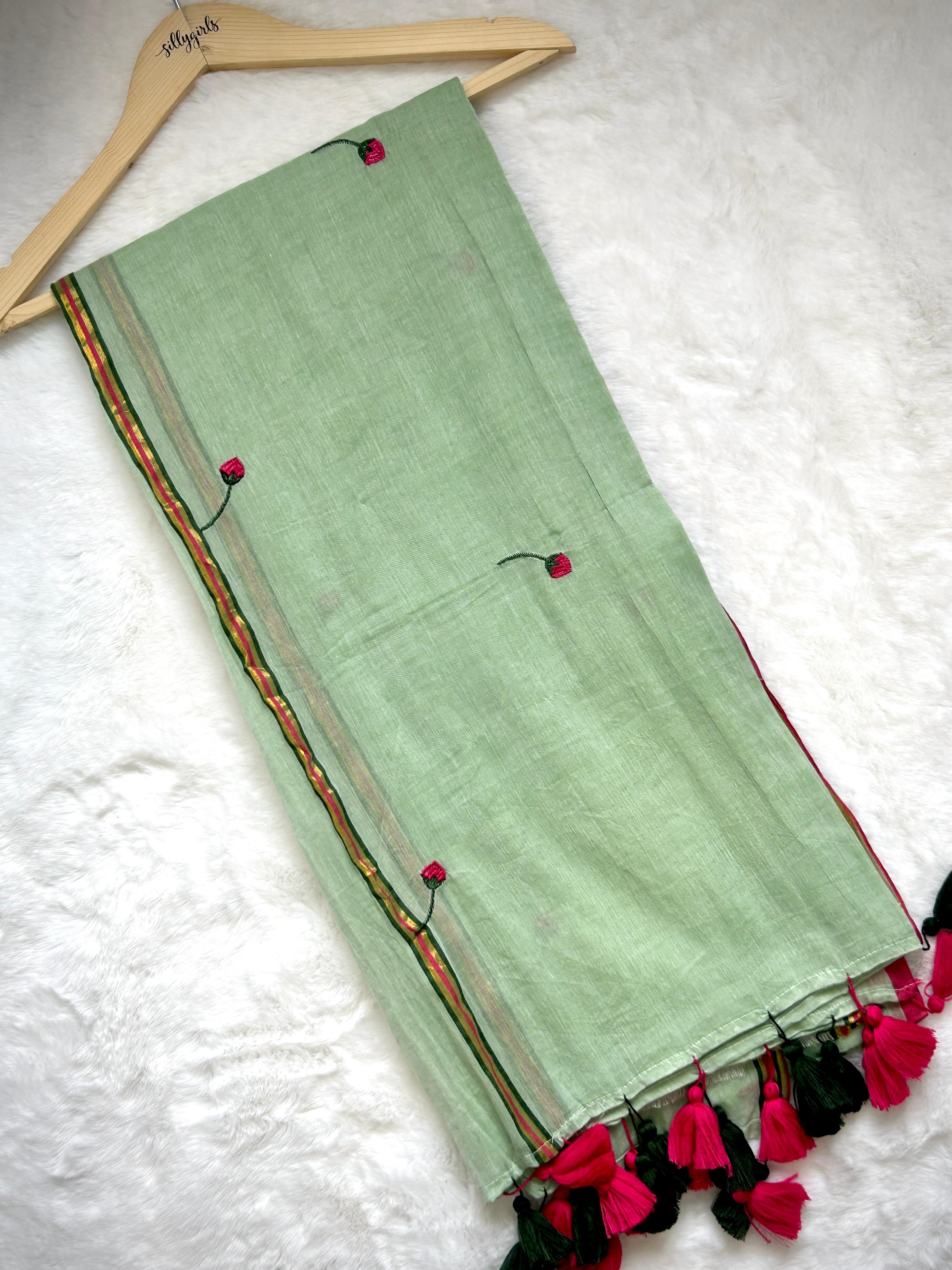 Pastel Mint Lotus Embroidered Tassel Saree