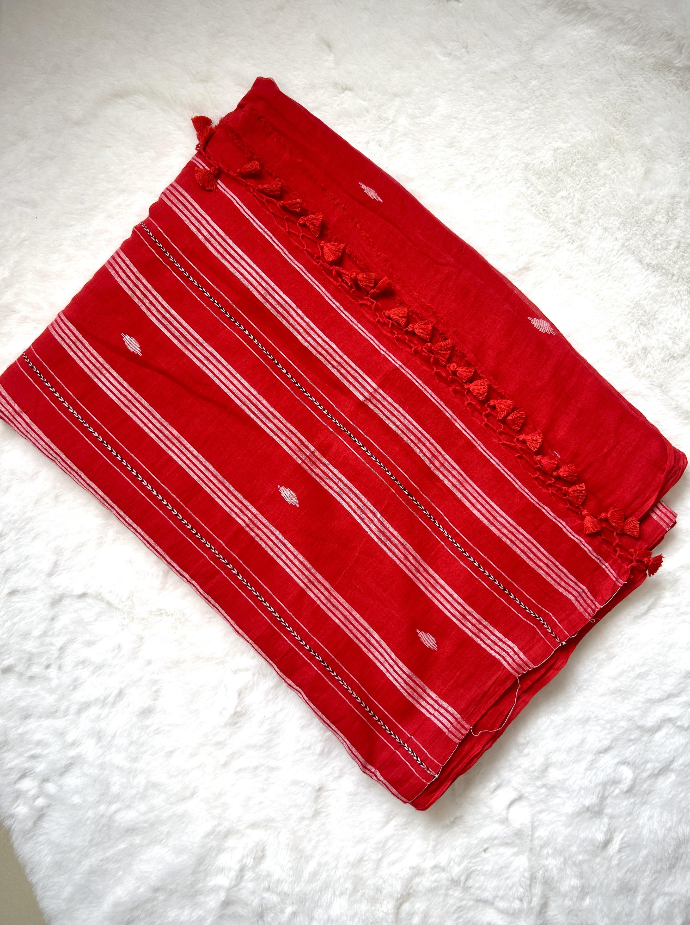 Scarlet Red Striped Handloom Tassel Saree
