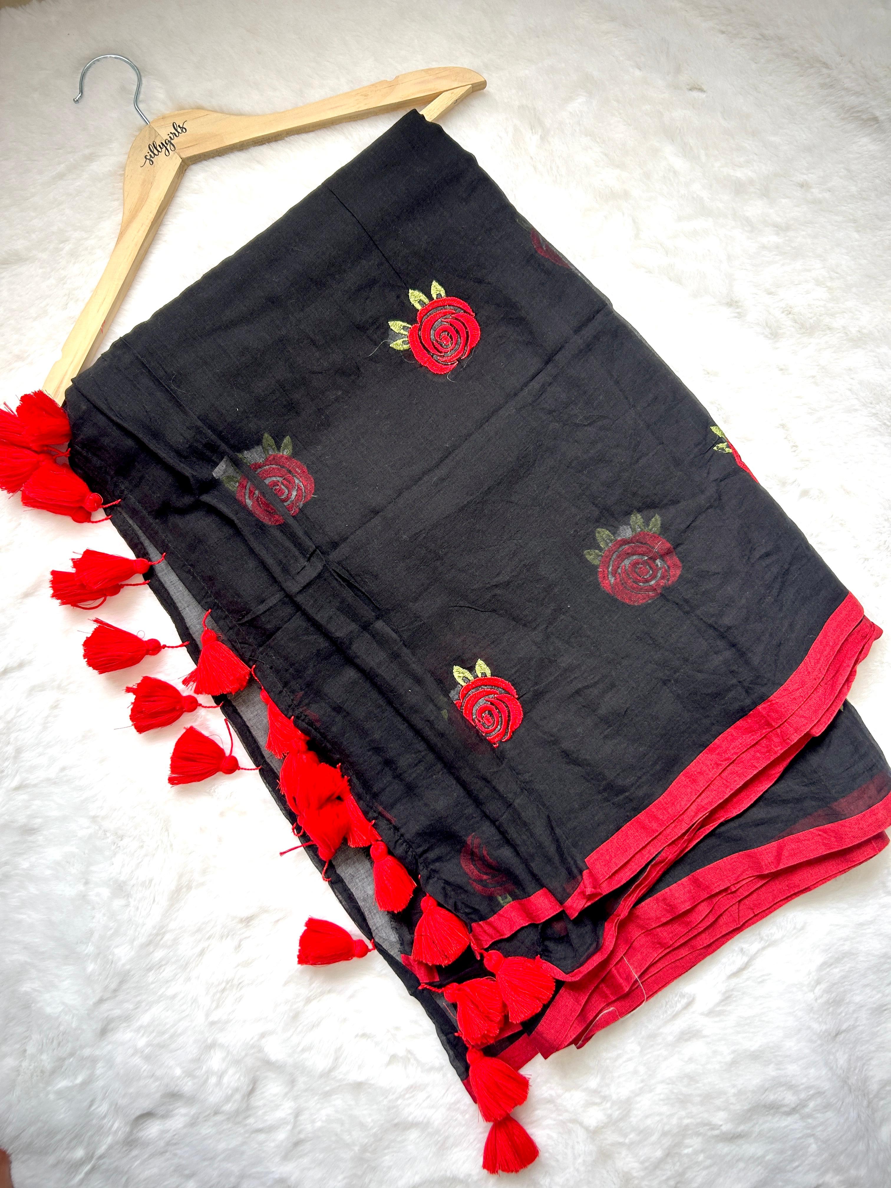 Charcoal Black Rose Embroidered Tassel Saree