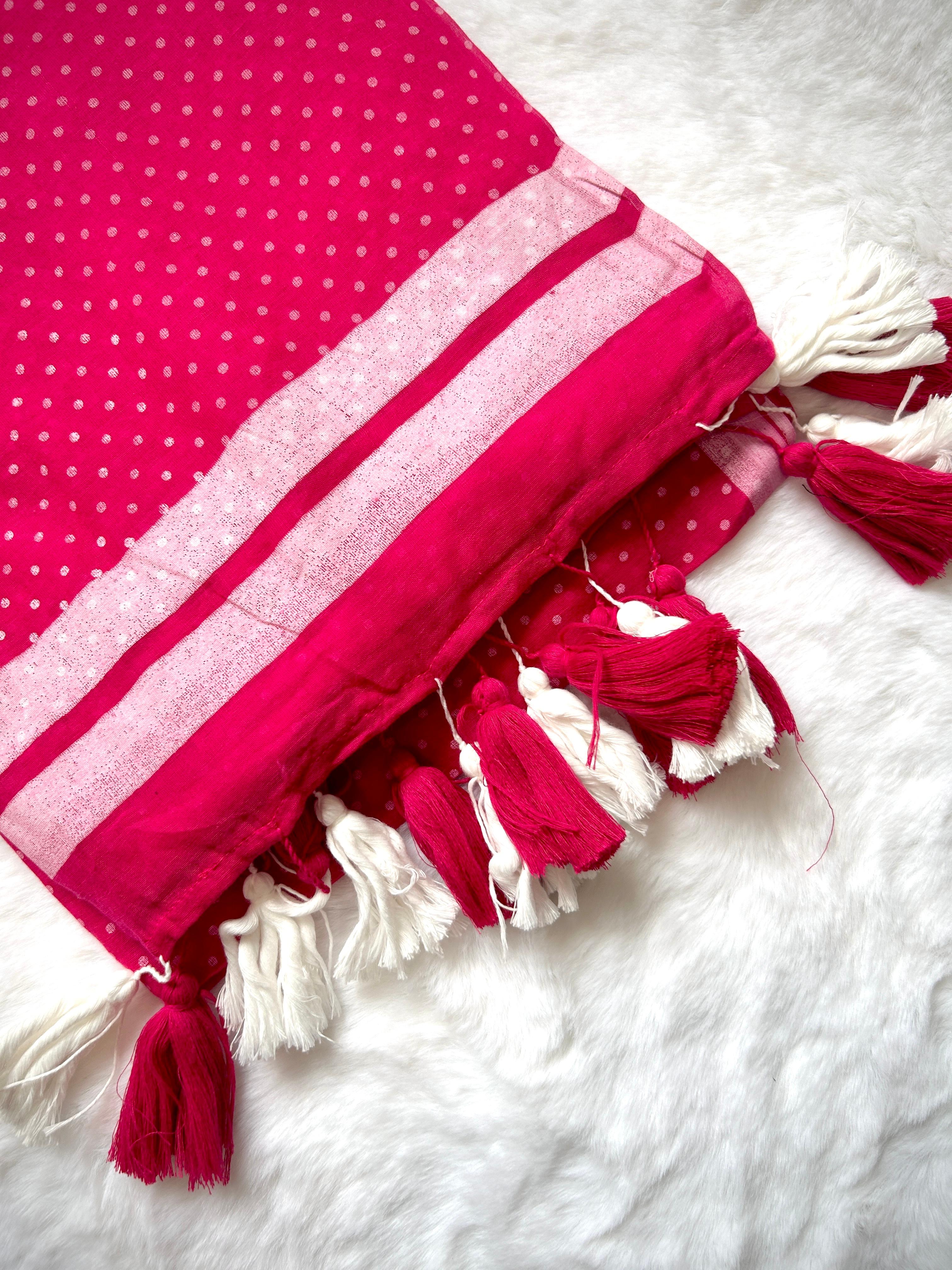 Rani Pink Polka Dot Woven Tassel Saree