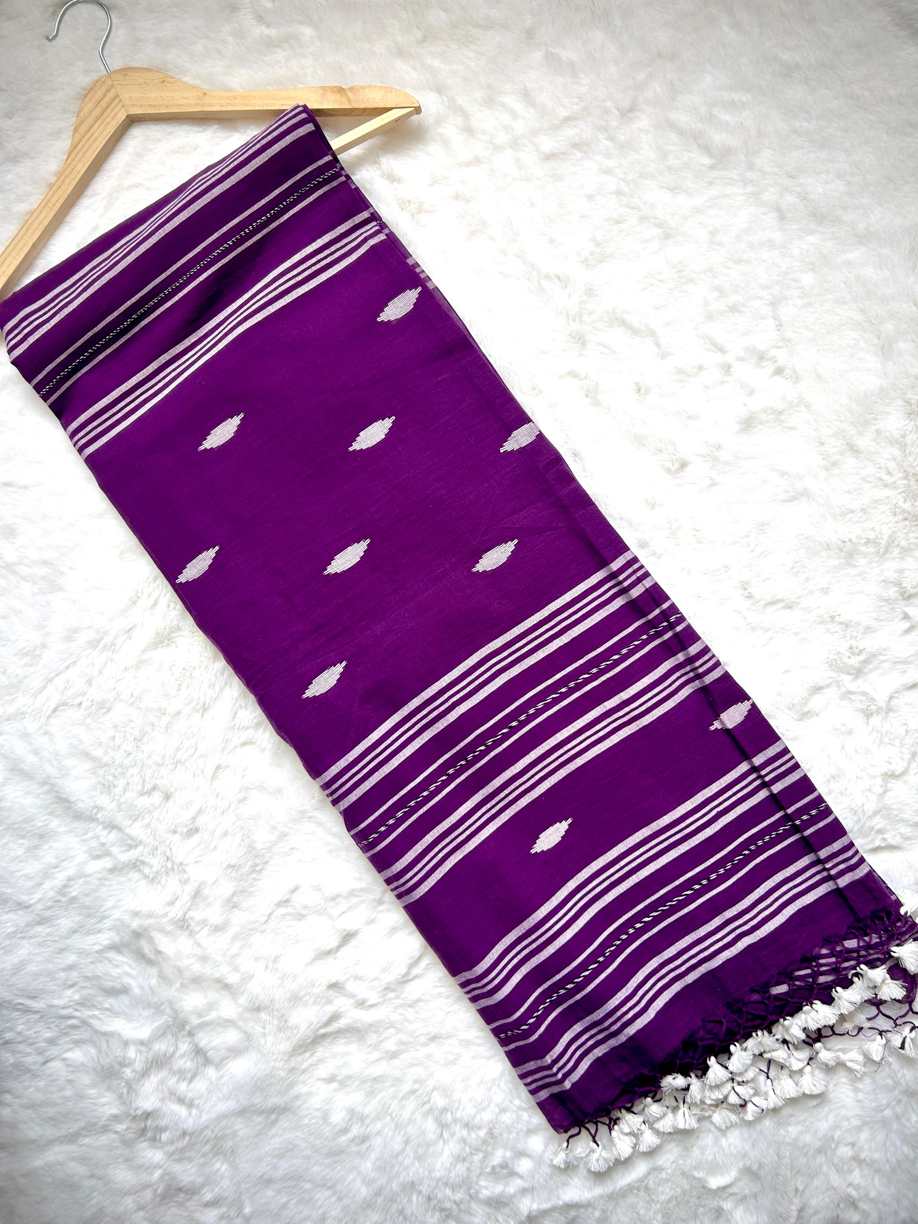Deep Violet Woven Leaf Stripe Saree